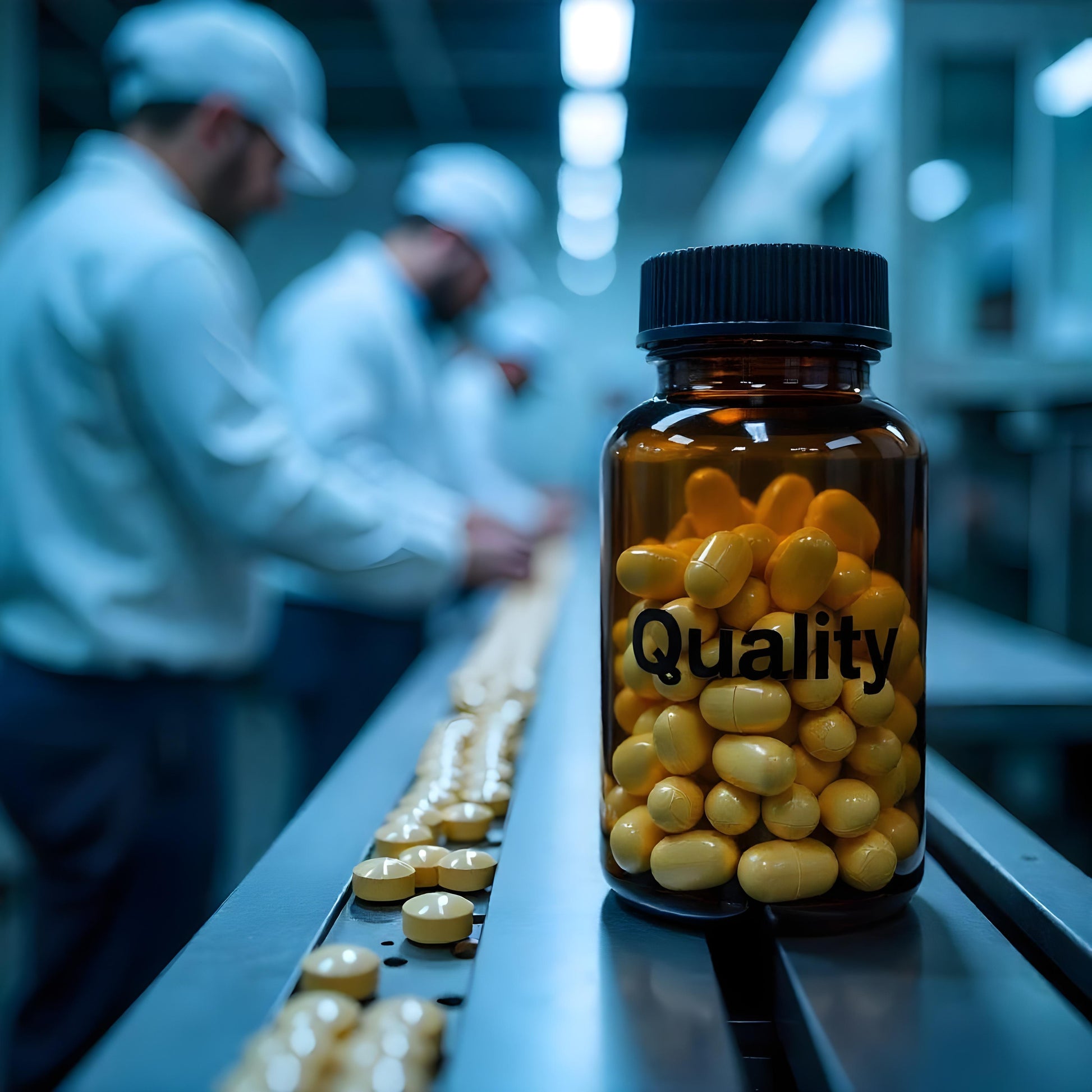 <Brown amber glass bottle containing capsules labelled Quality, to be determined in lab tests, on the side of a conveyor carrying round, shiny yellow tablets to a team of operators in the background for packing. Credit> Freepik