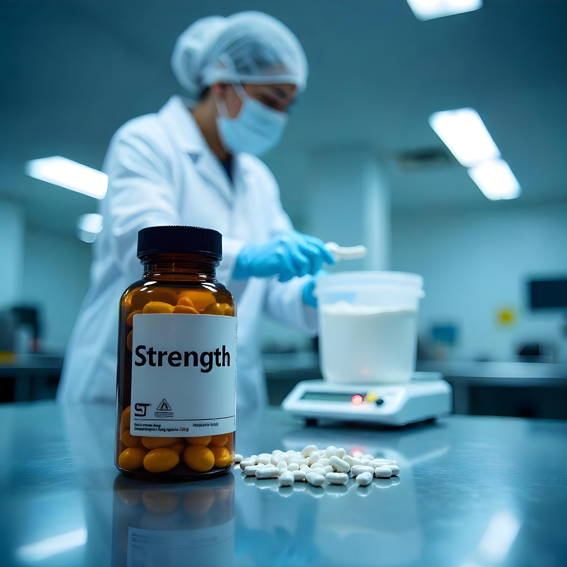 <Clear, amber glass bottle containing white oval capsules and labelled Strength, one of the parameters to establish on a laboratory specification, with some capsules spread on the dark grey work surface and in the background a blurred operator weighing powder in a plastic bucket. Credit> Freepik