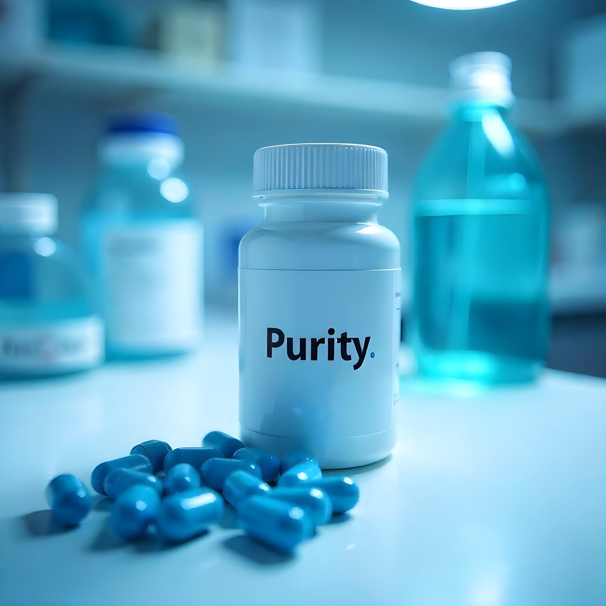 <White bottle labelled Purity, one of the drug specification requirements, with some blue capsules in front of it on a white lab surface and behind it some reagent bottles with clear liquids. Credit> Freepik