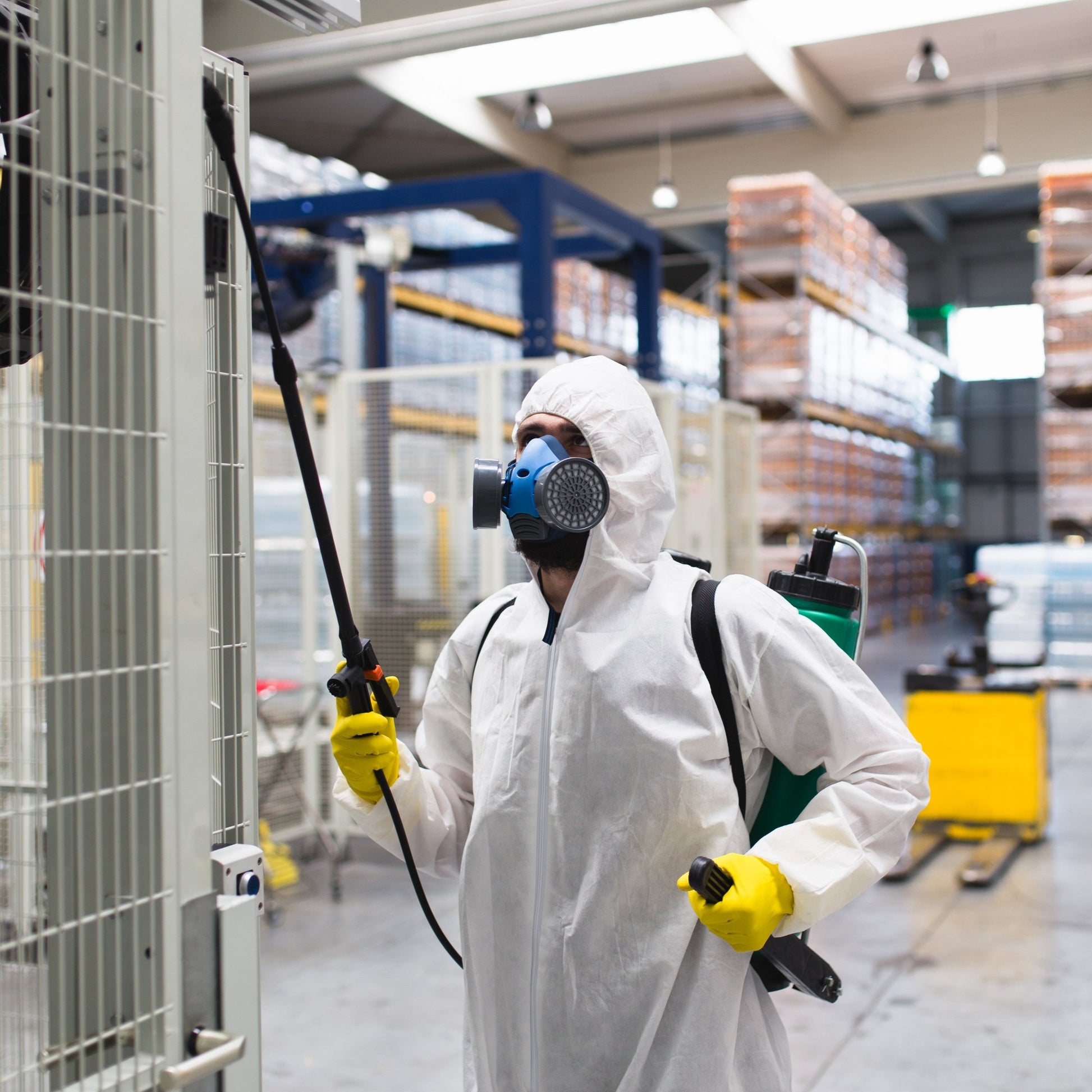 <Specialist pest control man wearing white overalls and chemical face mask dealing with an infestation in the empty cage of a warehouse. Credit> AdobeStock_170118869