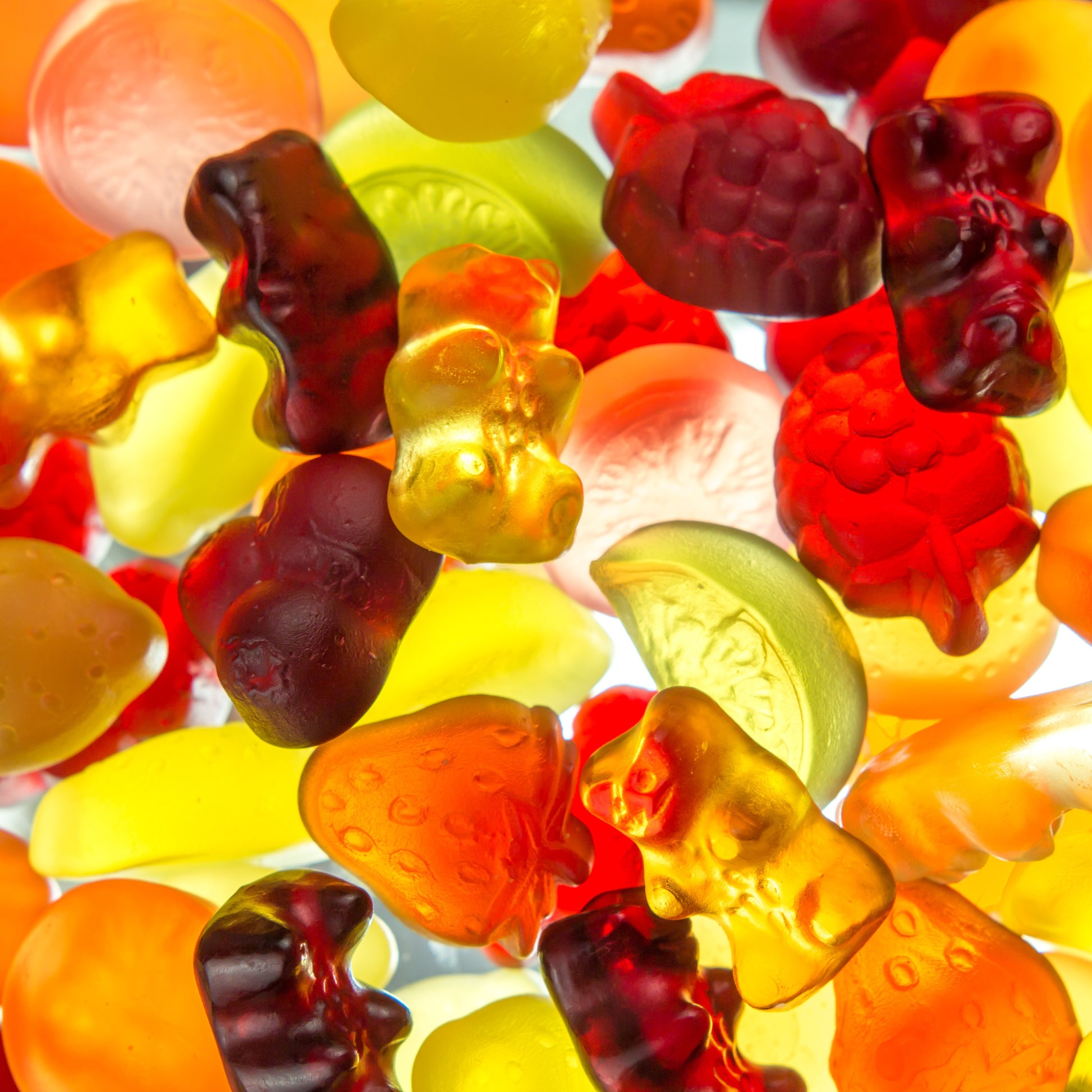 <Close up view of bear and fruit shaped purple, green, red, and yellow dietary supplement gummies spread out on a bright white light shining through them. Credit> AdobeStock_195059540