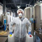 <Male production operator wearing white overcoat, hairnet, face mask and blue gloves, in a manufacturing unit with several mixing tanks, carrying two jerry cans with cleaning liquids with yellow and red caps. Credit> AdobeStock_244374945