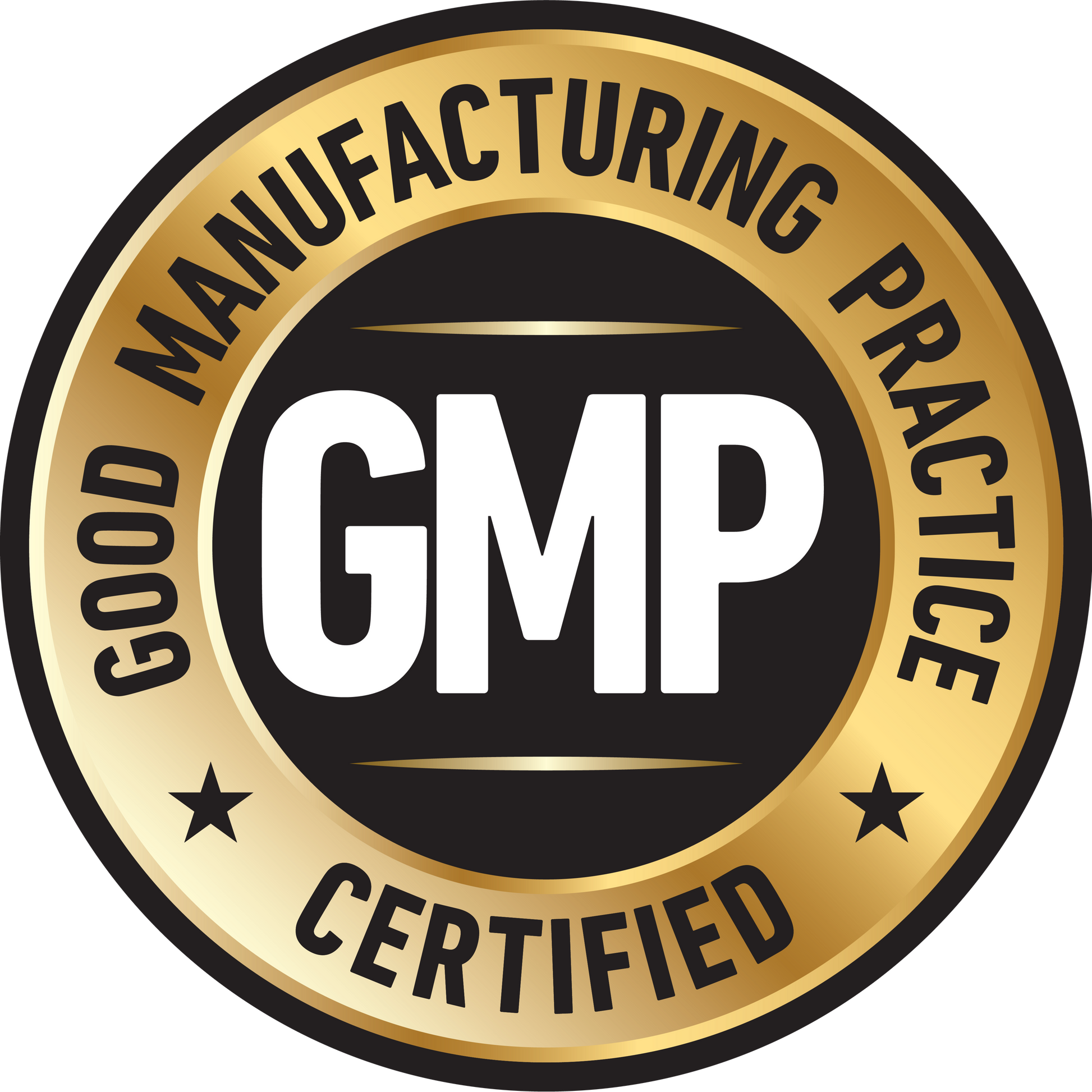 <Good Manufacturing Practice Certified medal with gold outer ring and black writing and a black centre with GMP in large white letters between two gold lines. Credit> AdobeStock_266733061