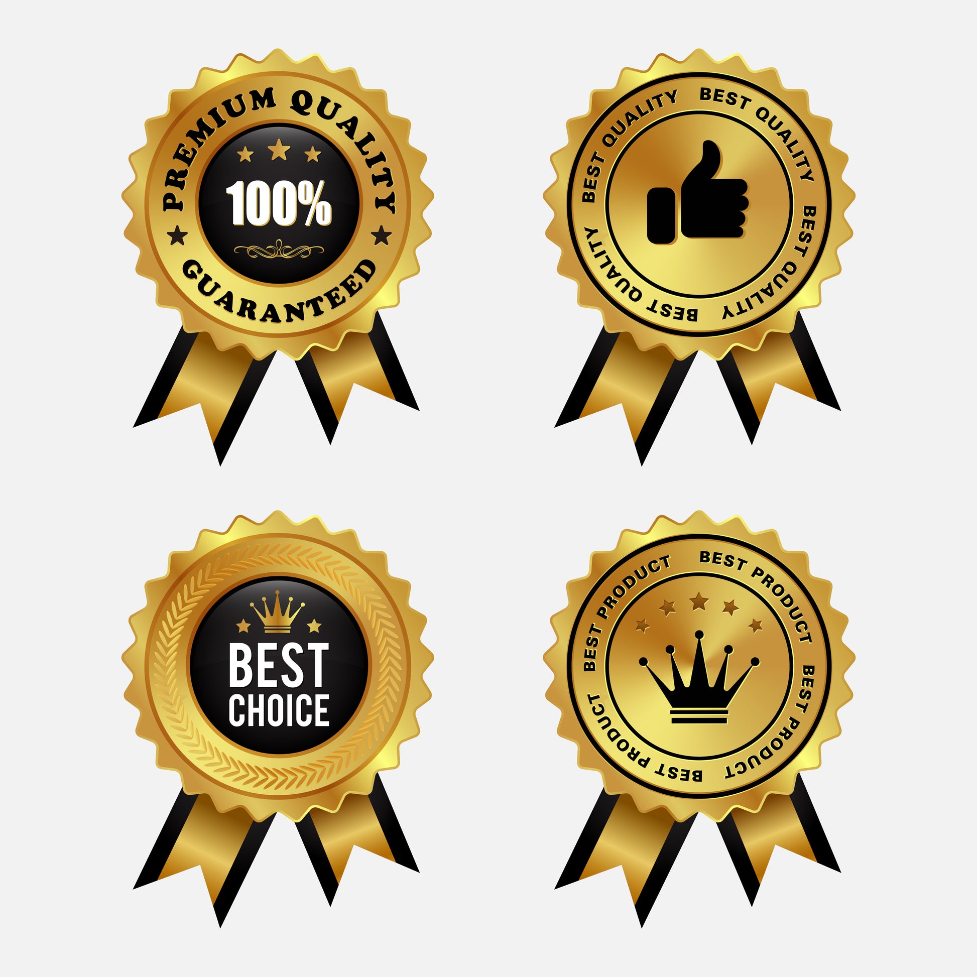 <Four gold medal awards with ribbons stating premium quality, best quality, best choice and best product. Credit> AdobeStock_304804920