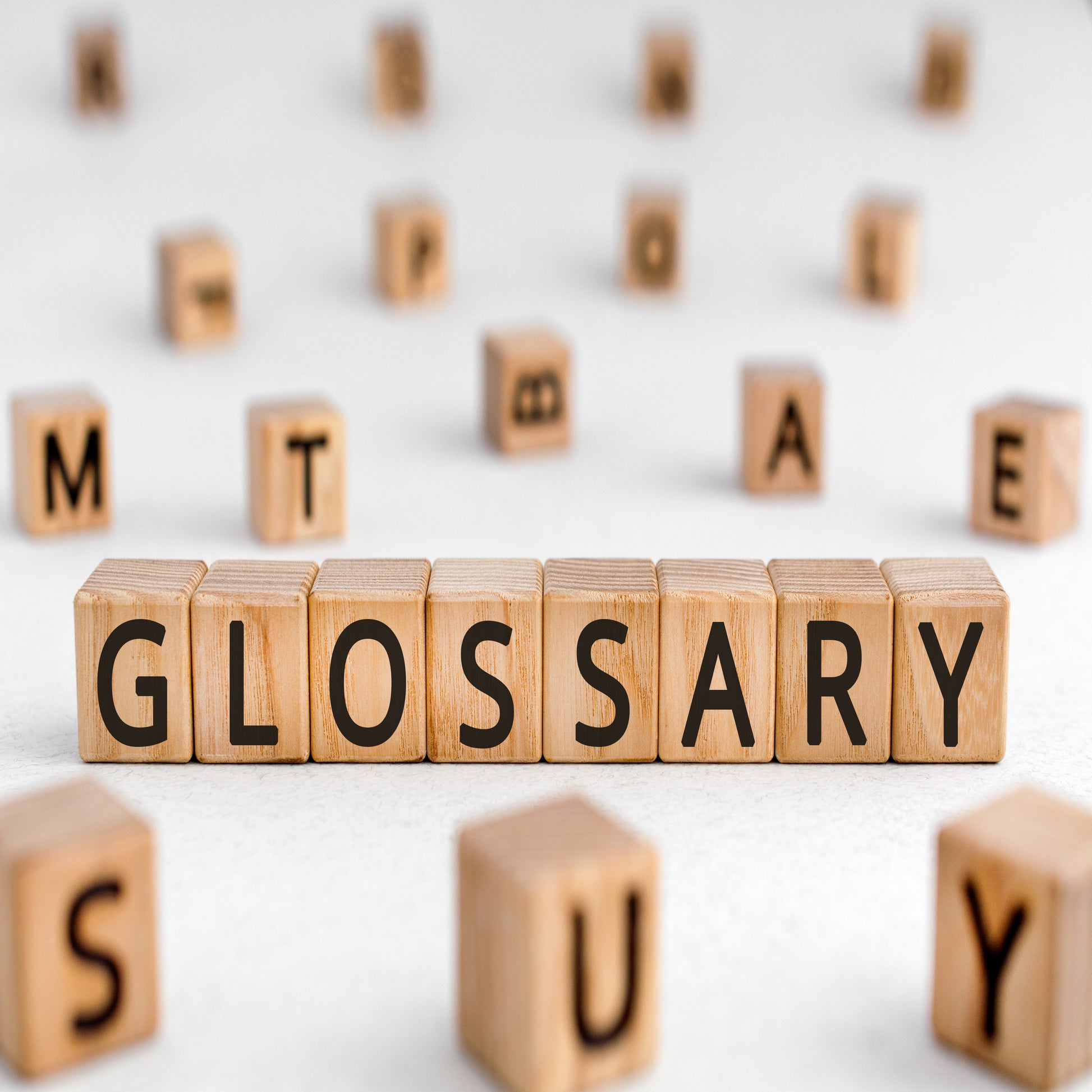 <Wooden blocks with letters spread on a white table with some lined up to spell Glossary. Credit> AdobeStock_330126807