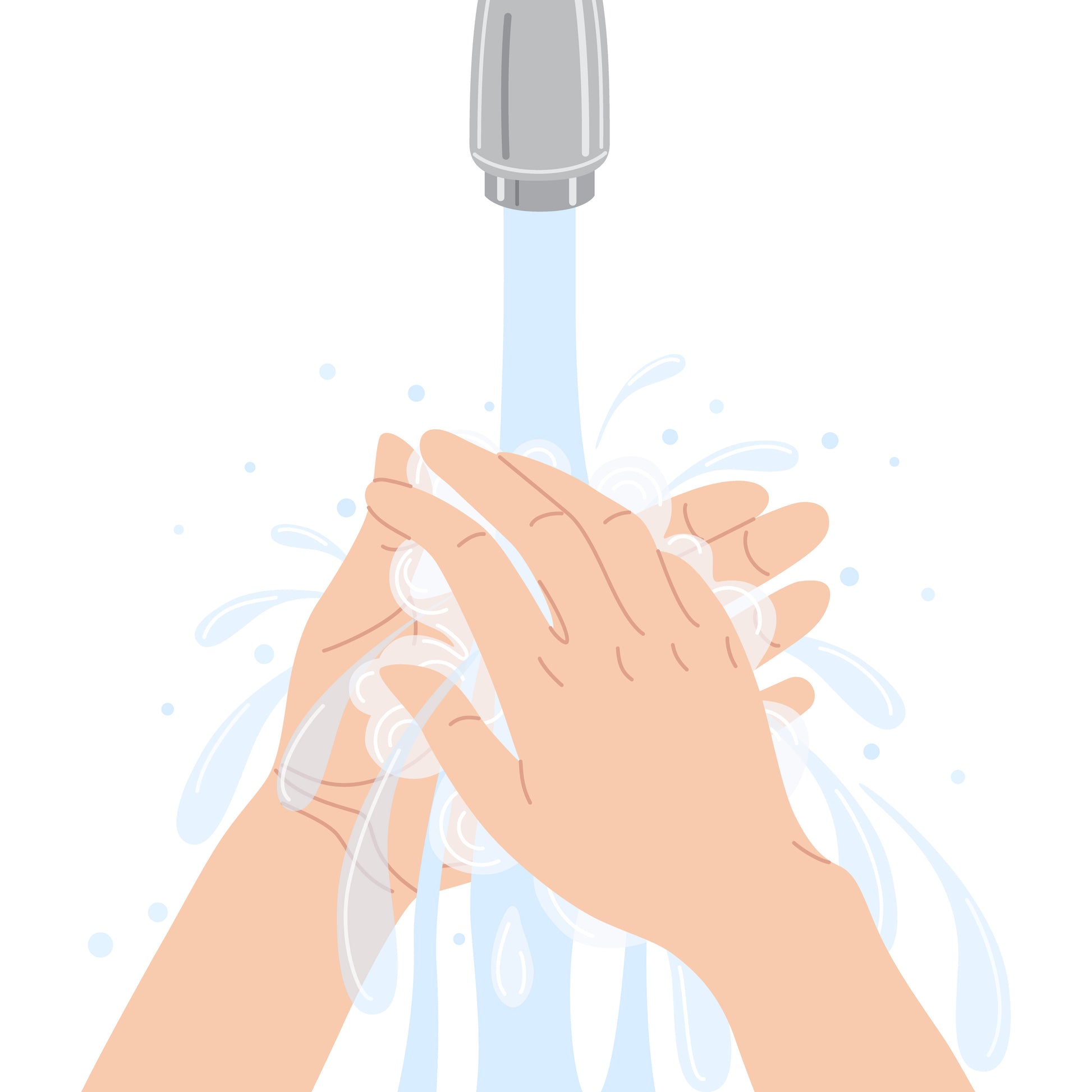 <Cartoon drawing of two arms washing hands in water from a chrome spout and lathering with liquid soap. Credit> AdobeStock_332502715