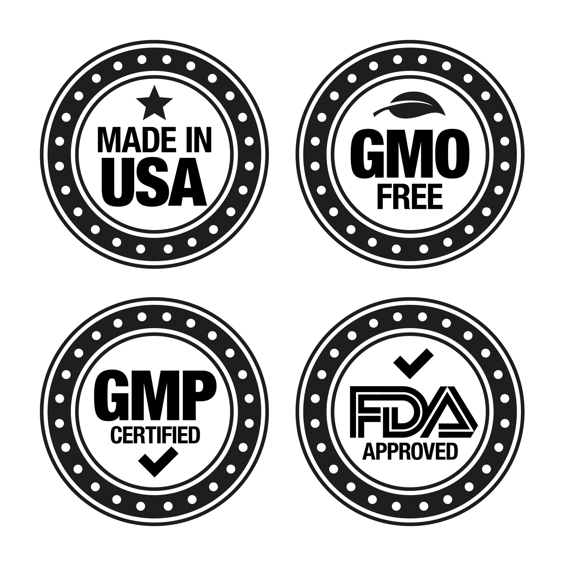 <Four round black logos on a white background of Made in USA, GMP Free, GMP Certified, and FDA approved. Credit> AdobeStock_431955493