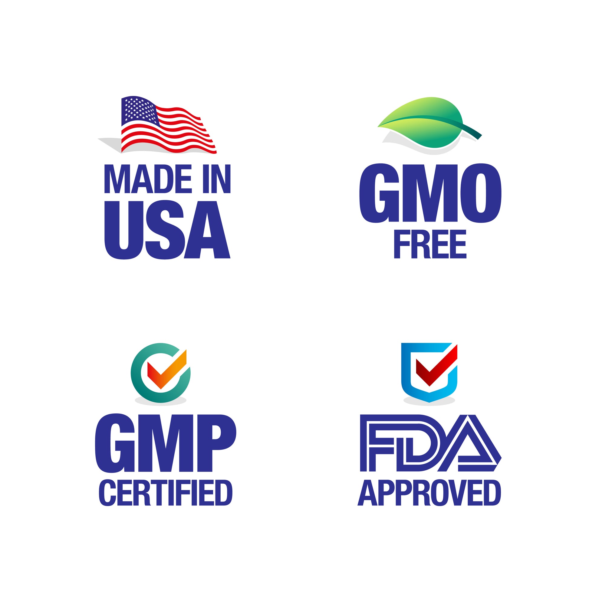 <Four colour logos on a 
 white background of Made in USA with the union flag, GMO free with a 
 green leaf, GMP Certified, and FDA Approved both with a tick. Credit> AdobeStock_431955522