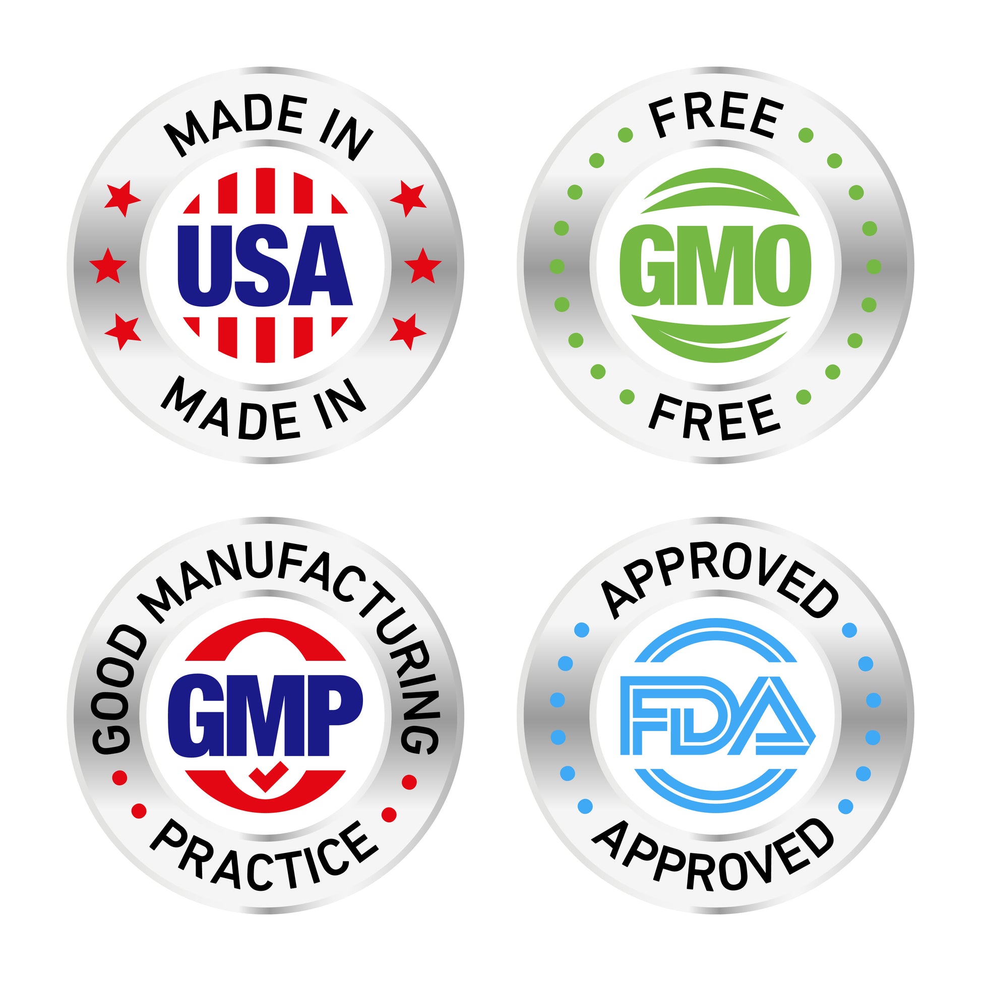 <Four round silver medals in a square, one with Made in USA, one with GMO Free, one with GMP, and one with FDA Approved. Credit> AdobeStock_431955561