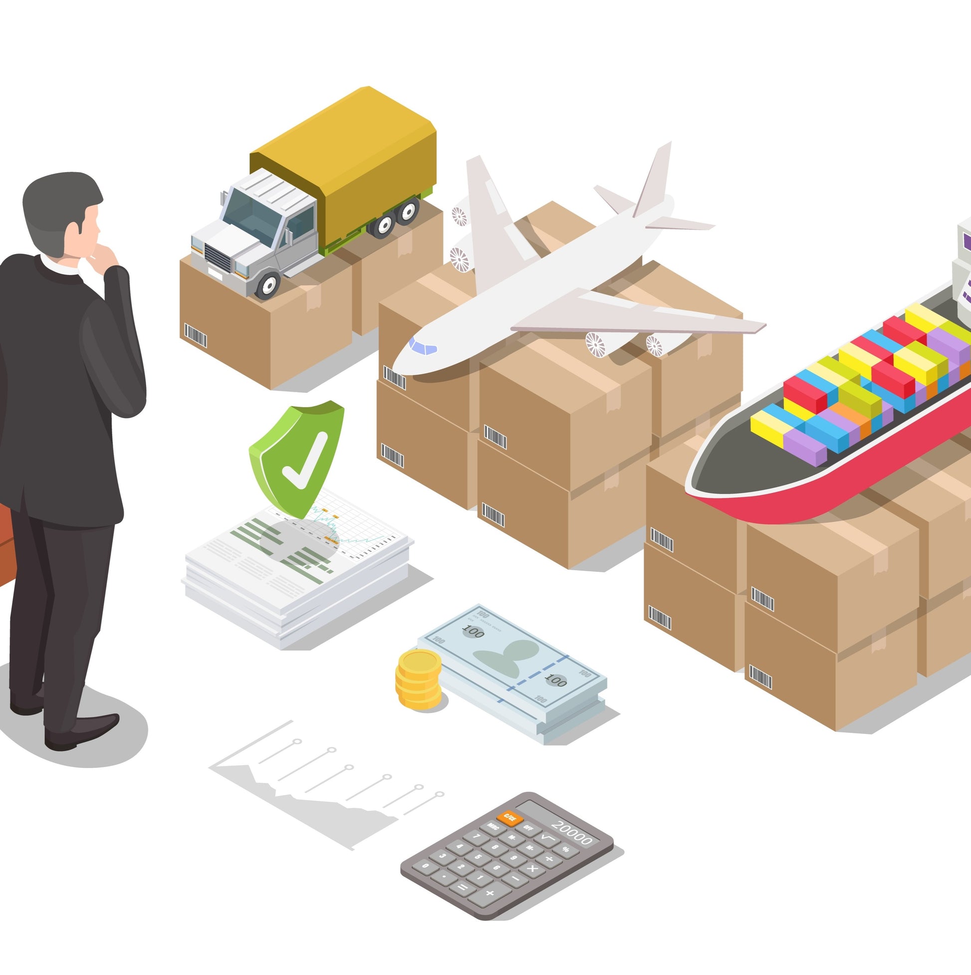 <Cartoon of a man in a business suit considering options of a lorry sat on 2 boxes, plane sat on 8 boxes, or ship sat on 16 boxes, with some certificates, money and calculator. Credit> AdobeStock_480881735