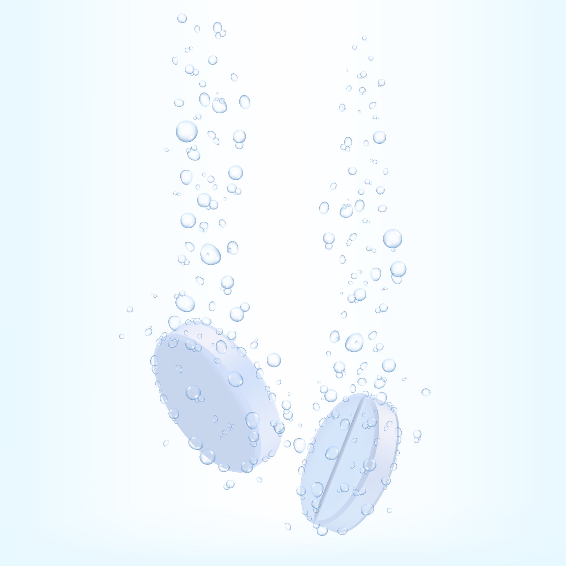 <Two large white round tablets with a centre break line dropping in water and bubbles rising. Credit> AdobeStock_482151896