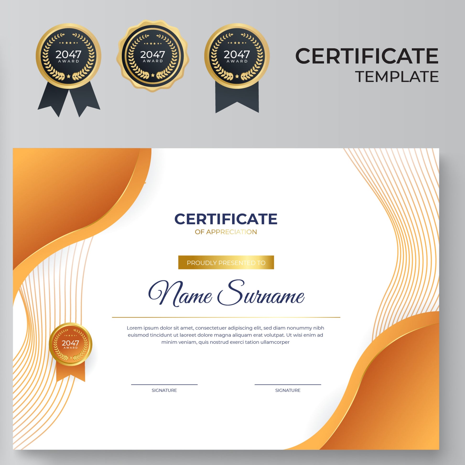 <Training course certificate of completion with round gold medallion award logos and blue ribbons. Credit> AdobeStock_483205014