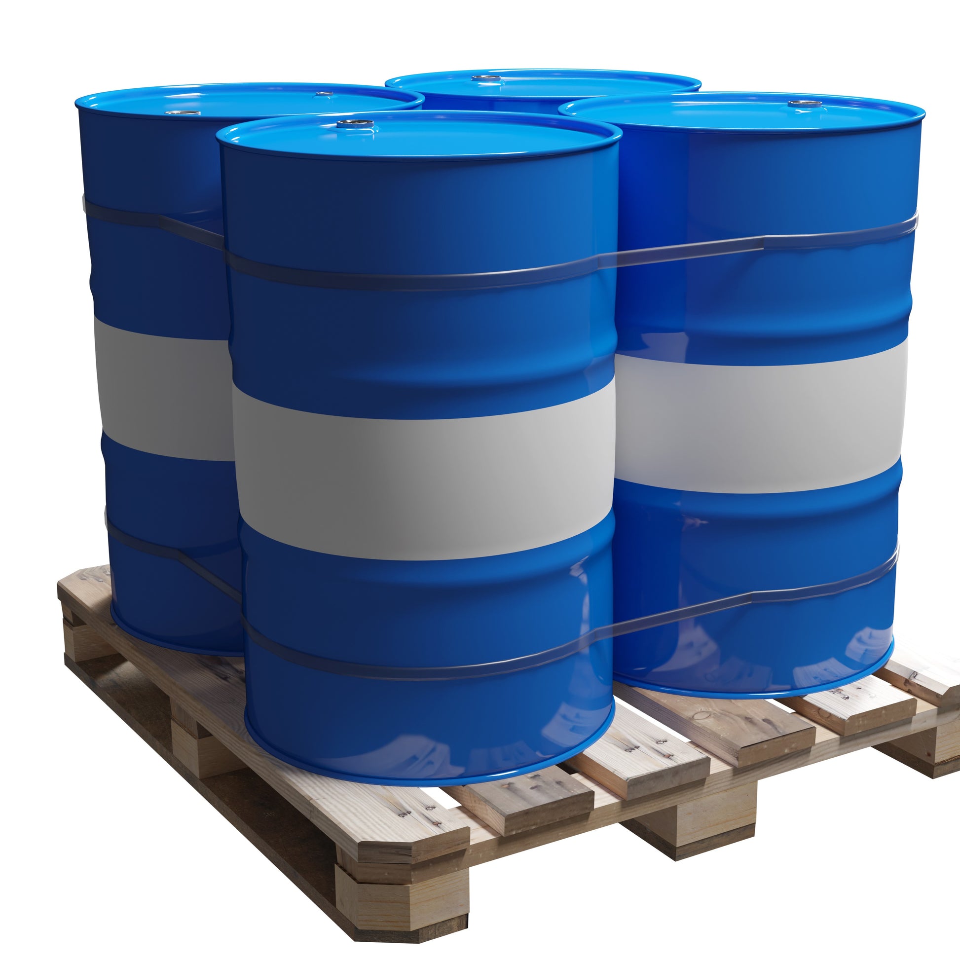 <Four 200Kg blue metal drums with a white stripe around the middle sitting on a wooden pallet. Credit> AdobeStock_499437766