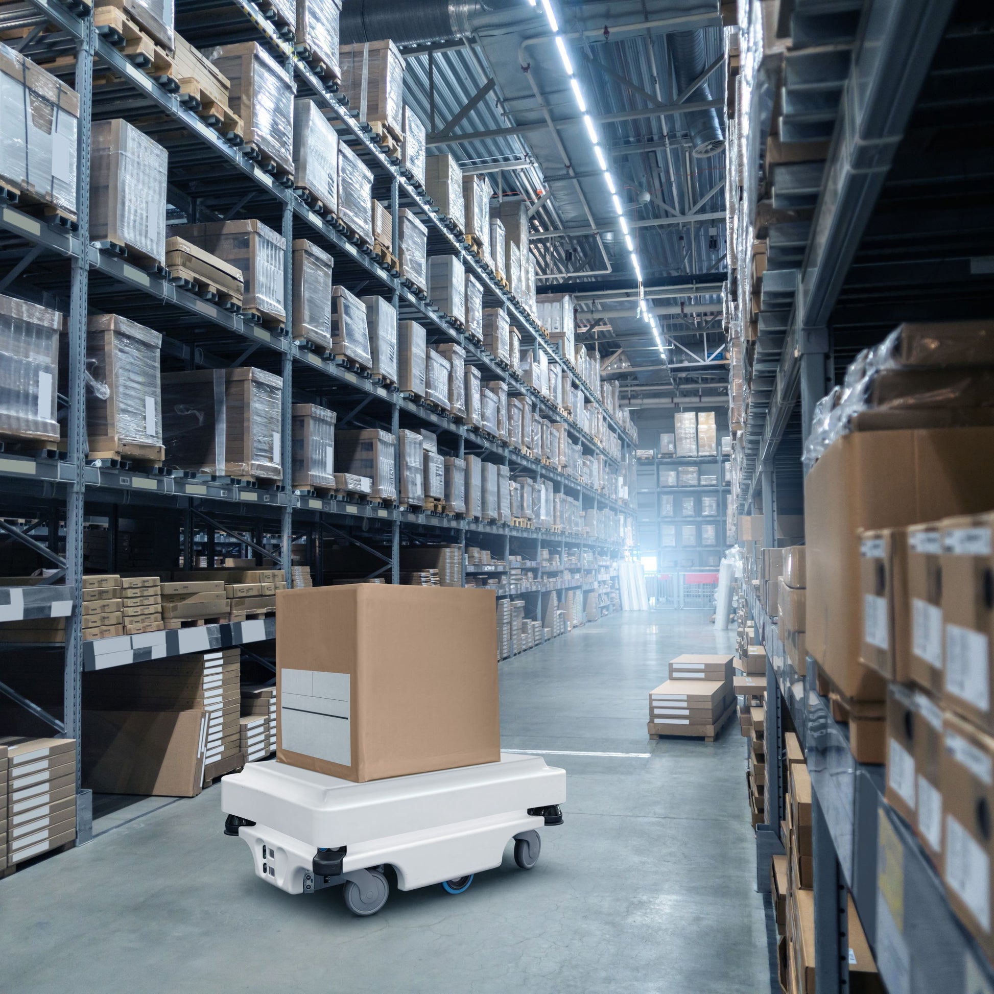 <Automated pallet truck delivering a cardboard box to a location in warehouse racking. Credit> AdobeStock_507641871