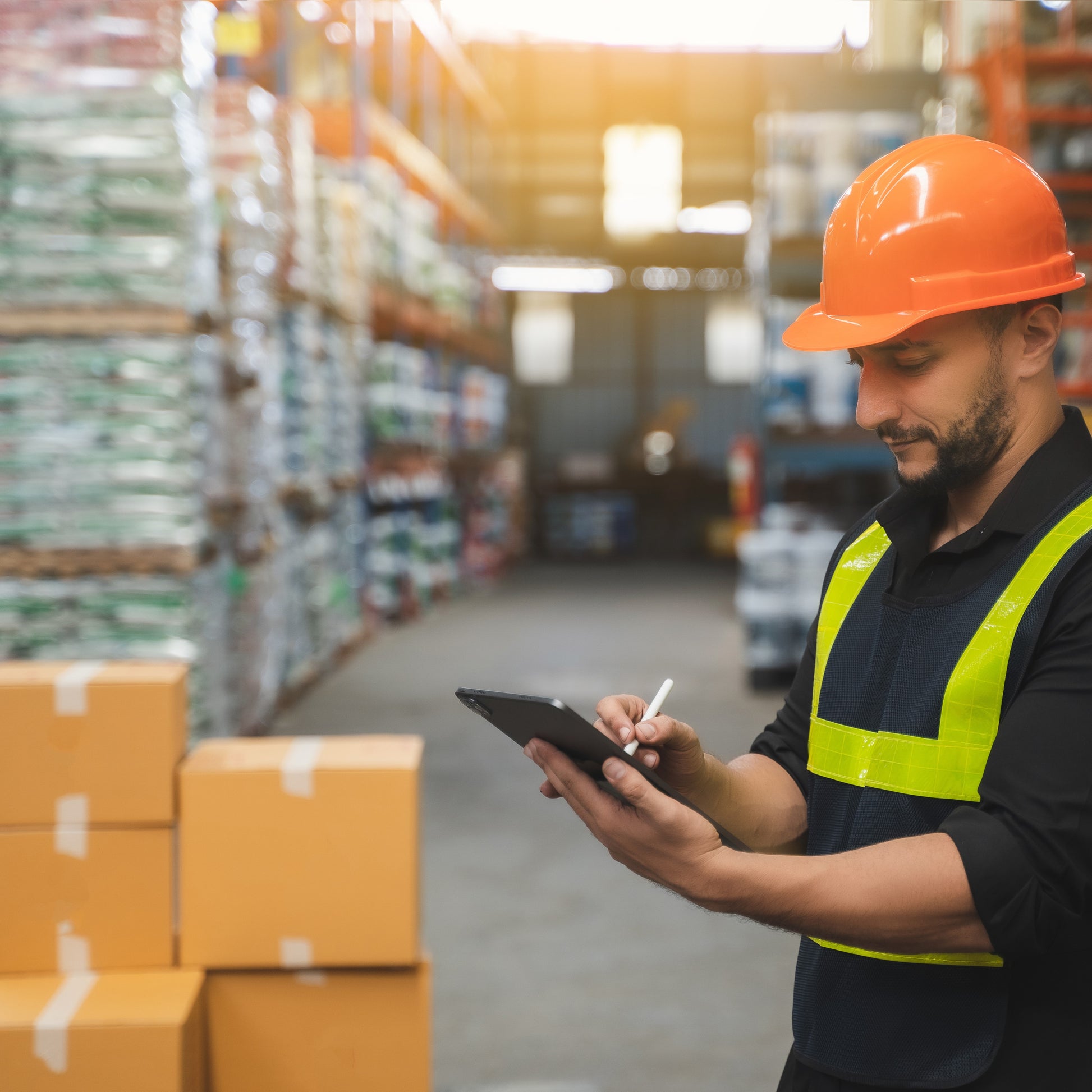 <Male warehouse operator wearing yellow and blue fluorescent vest and orange hard hat checking a delivery of boxes on a tablet. Credit> AdobeStock_523109911