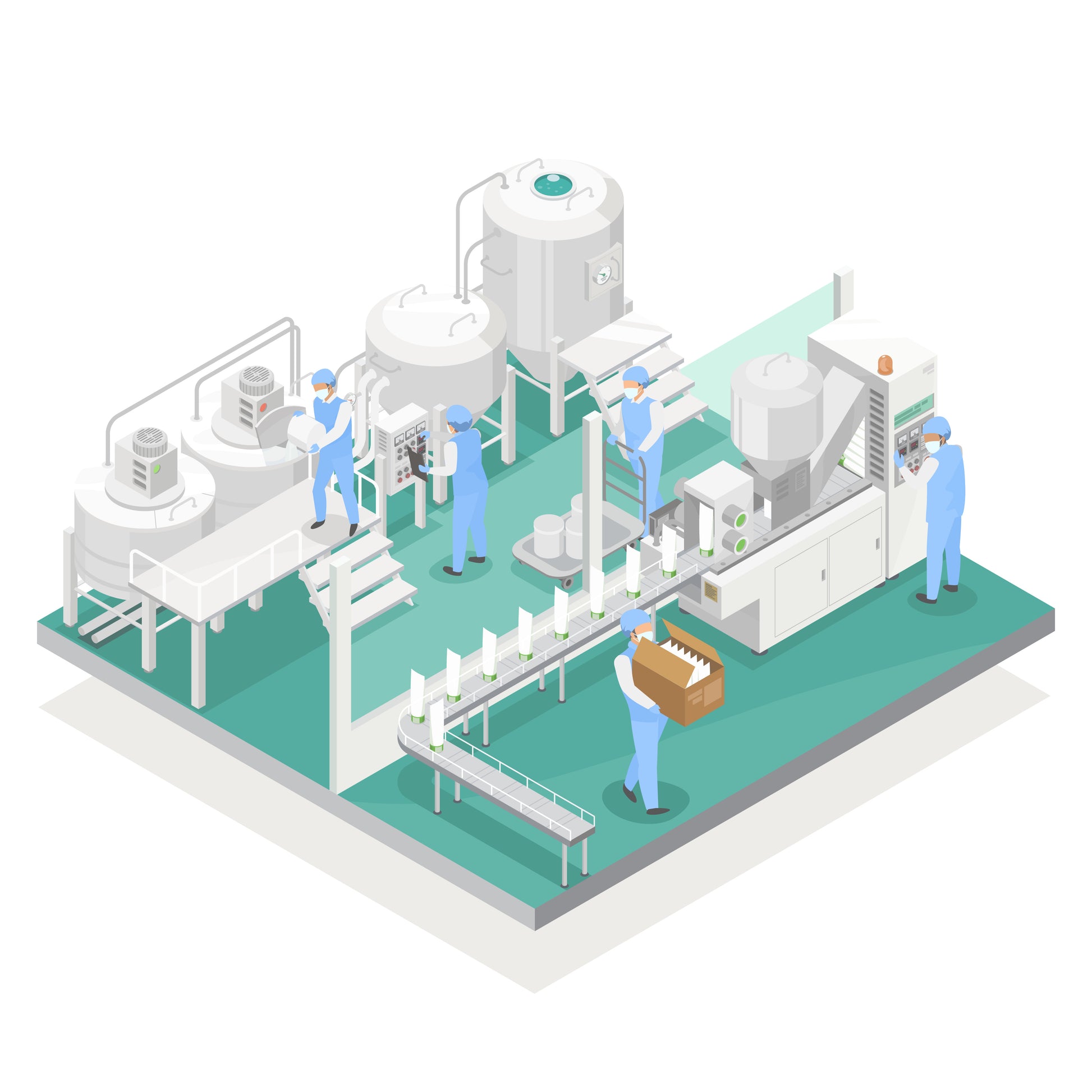 <Cartoon schematic in a diagonal square of four bulk cream mixing tanks operated by two people in blue uniforms supplying a cream tube filling line operated by three further people on a turquoise floor. Credit> AdobeStock_537123815