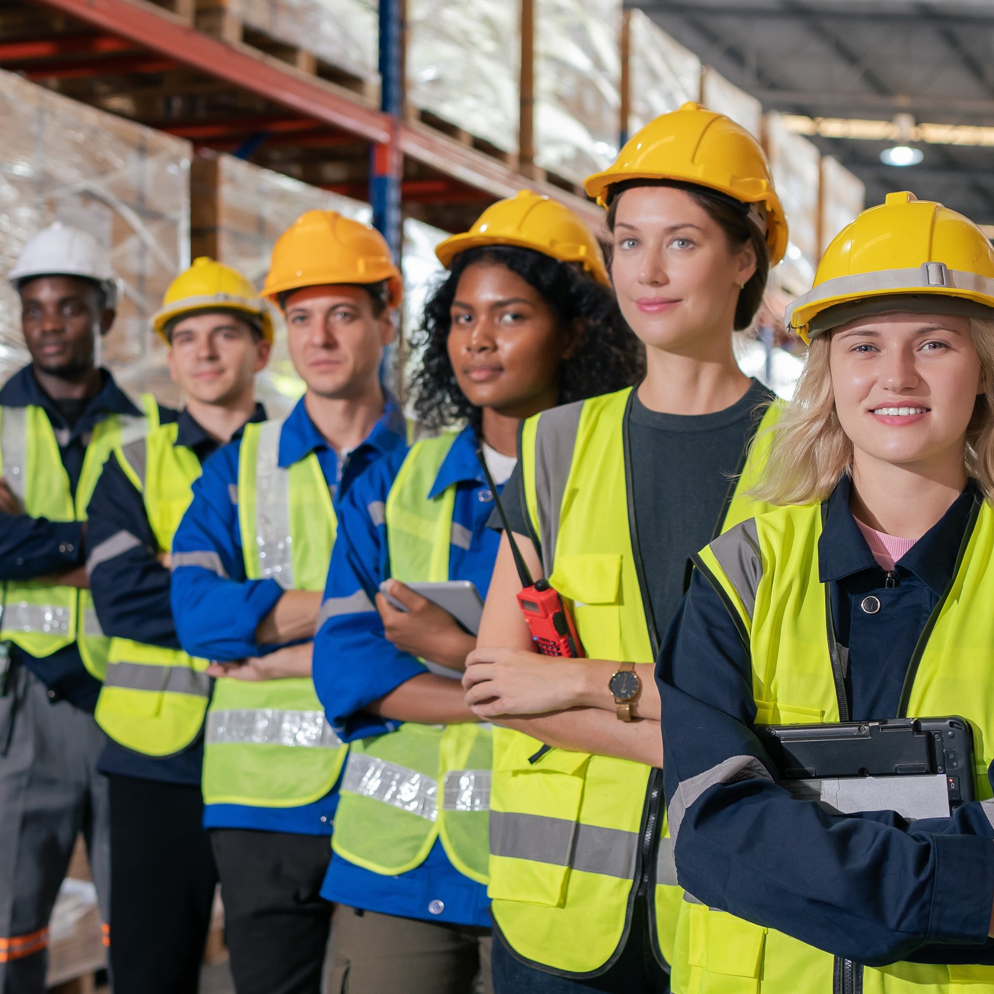 <Six new employees in a line for the camera on an induction site tour in the warehouse wearing yellow fluorescent jackets and hard hats. Credit> AdobeStock_574734269