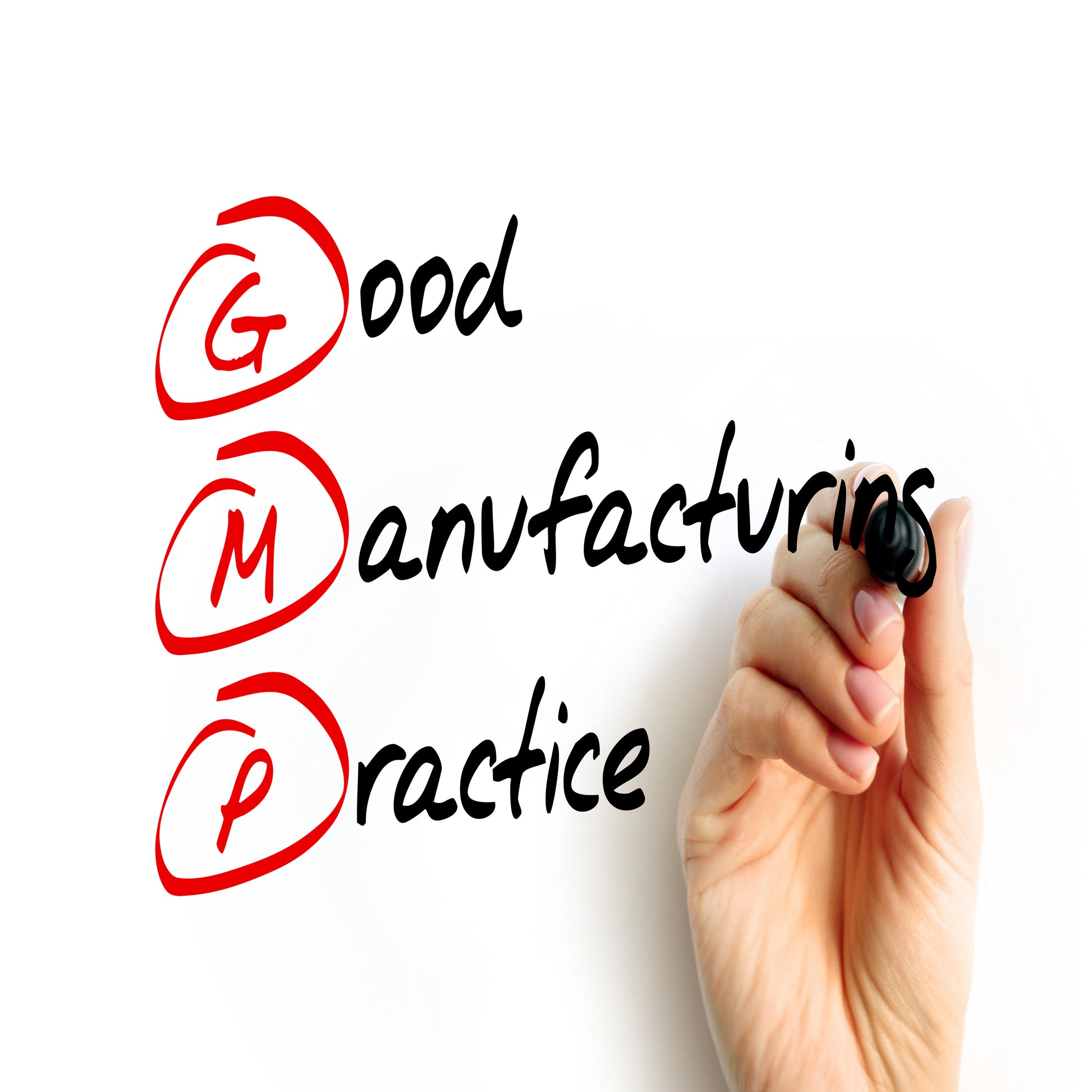 <Hand with marker pen writing Good Manufacturing Practice in black on a glass screen, apart from the letters GMP which are circled and written in red. Credit> AdobeStock_617711961