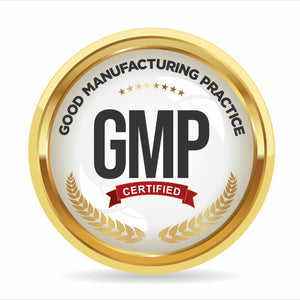 <Round medal with shiny gold rim, white centre, and the words Good Manufacturing Practice GMP written in black, certified written in red, and eight gold stars and two gold laurels. Credit> AdobeStock_718261089