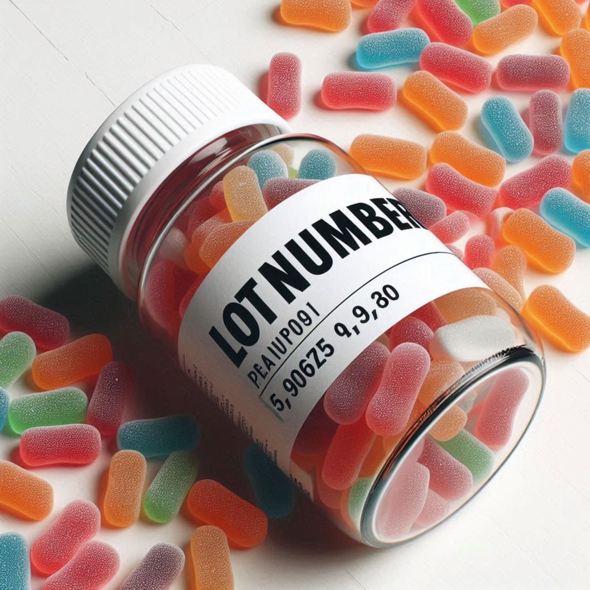 <Red, blue and orange pillow shape gummies spread on a white table and filling a clear glass bottle with white plastic cap, labelled with lot number, one of the requirements of a dietary supplement master manufacturing record. Credit> Freepik