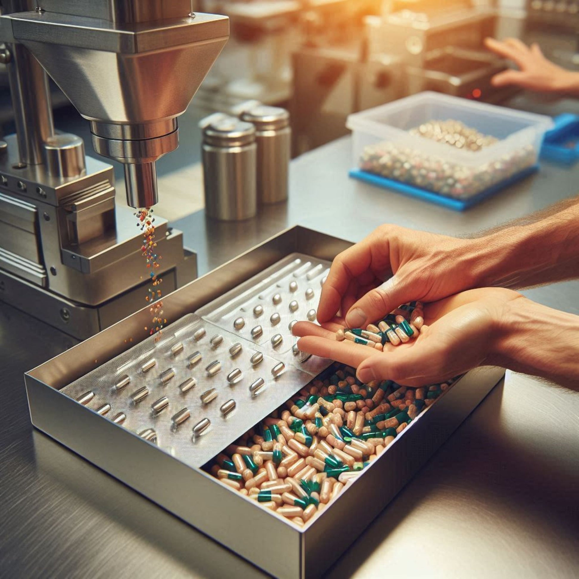 <Hands of a man emptying half green and half beige dietary supplements capsules from foil blisters in a stainless steel tray on a stainless steel table next to a small hopper dispensing powder. Credit> Freepik