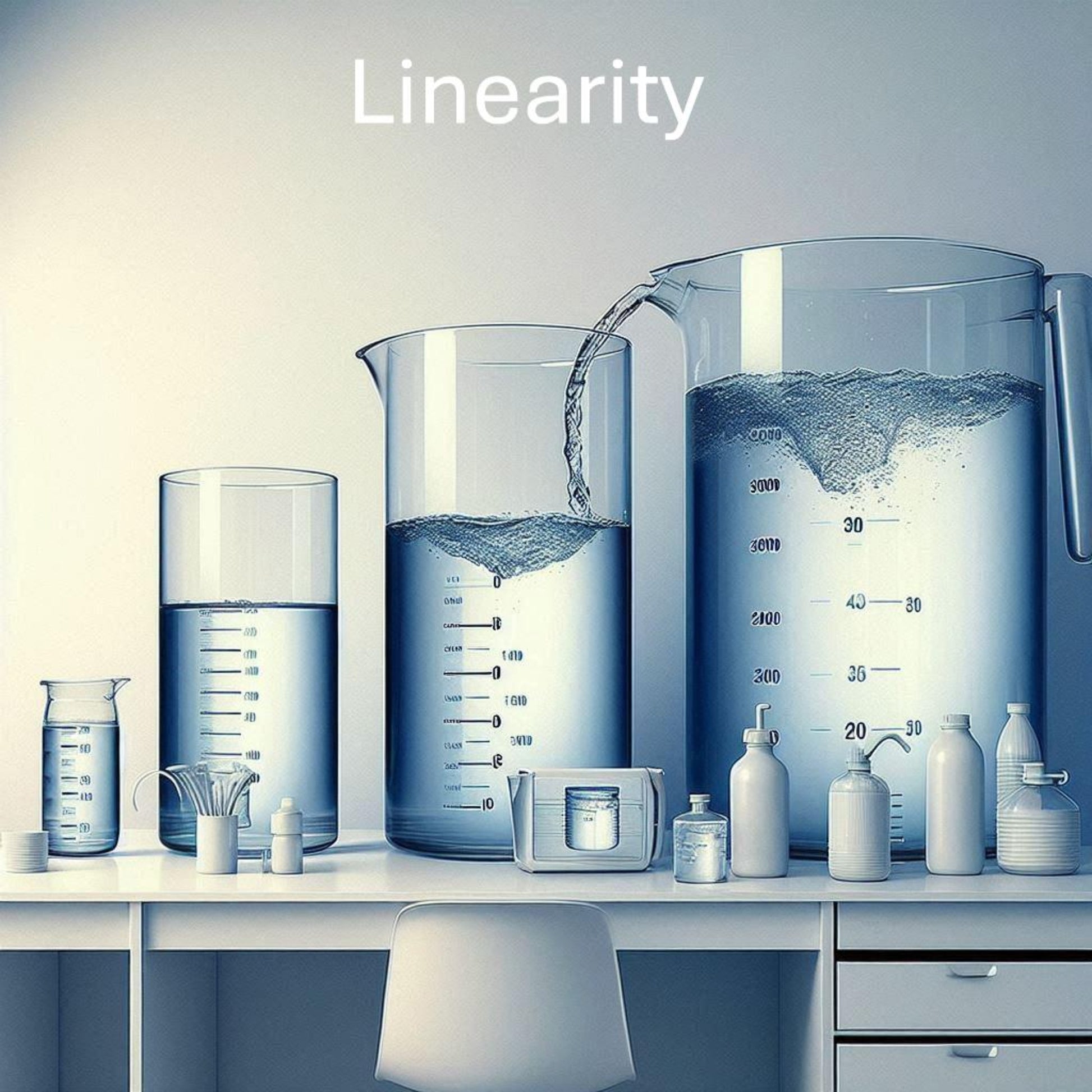 <Representing Linearity, volume of water, in large graduated plastic jugs on a white office desk, increasing proportionally. Credit> Freepik