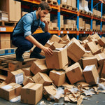 <Young bearded warehouse operator dressed in blue sorting and reprocessing a pile of damaged boxes containing dietary supplements that have fallen off a pallet. Credit> Freepik