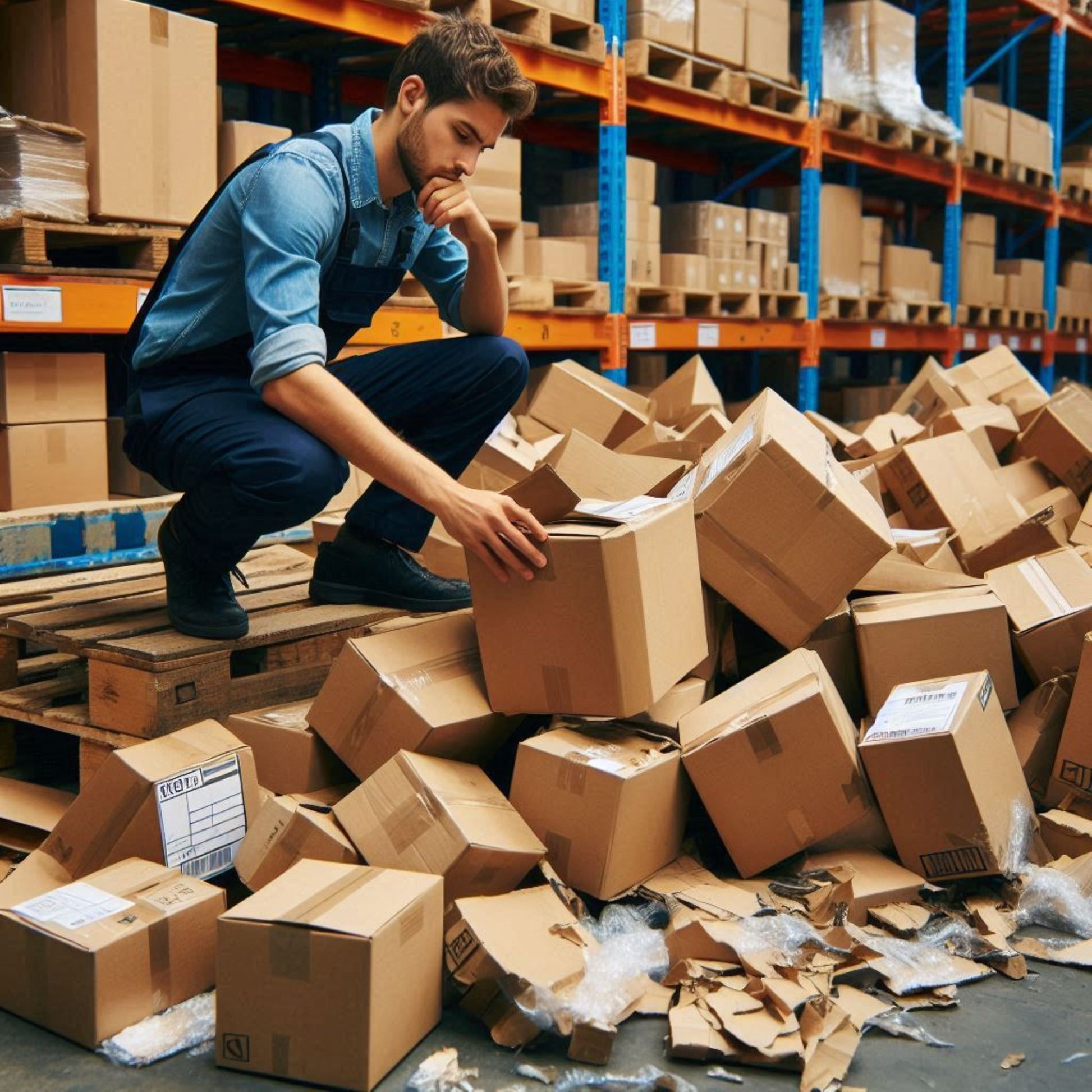 <Young bearded warehouse operator dressed in blue sorting and reprocessing a pile of damaged boxes containing dietary supplements that have fallen off a pallet. Credit> Freepik