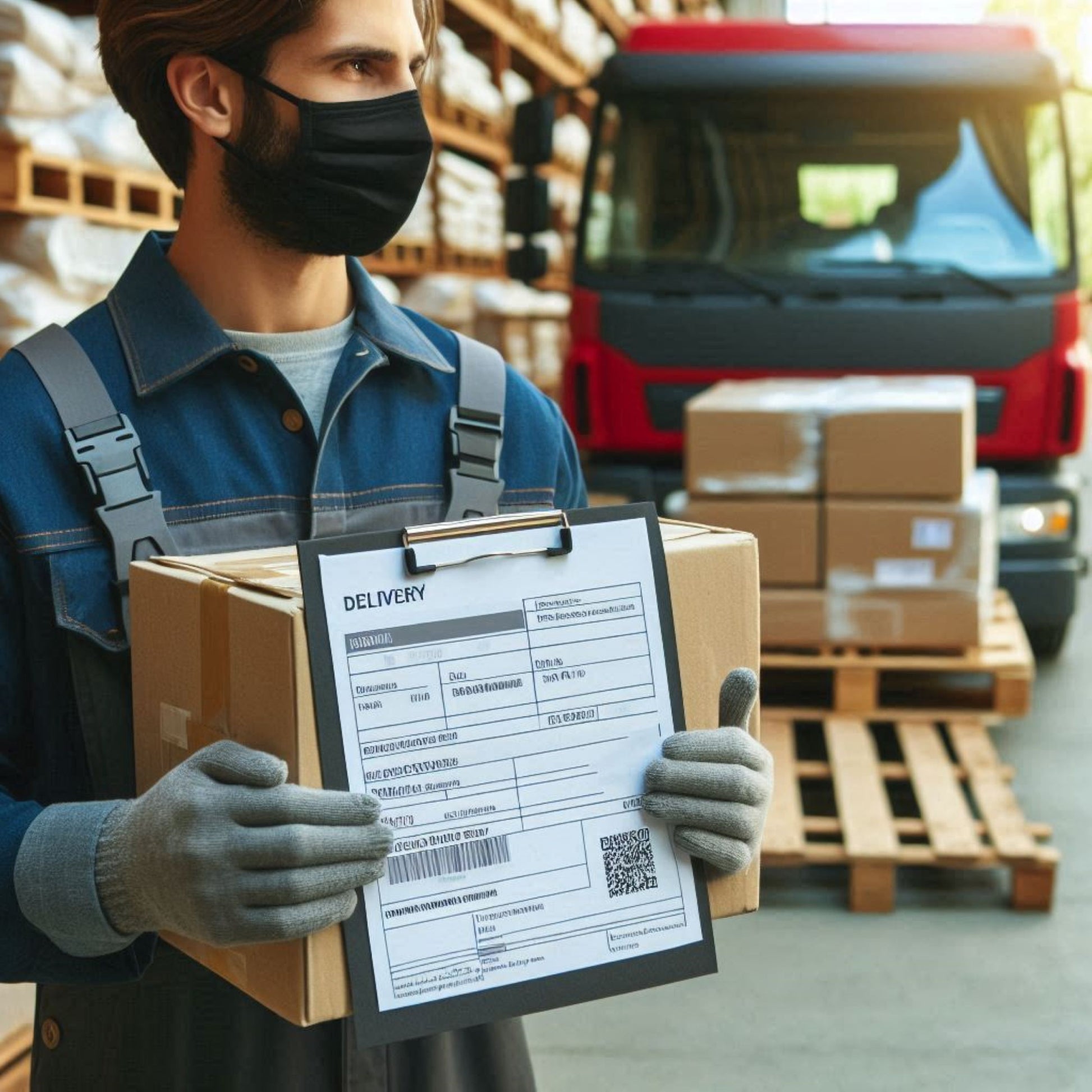 <Male warehouse operator dressed in blue holding a cardboard box and delivery note for signature in front of warehouse racking and a  red lorry that has just delivered a pallet of boxes of dietary supplement components. Credit> Freepik