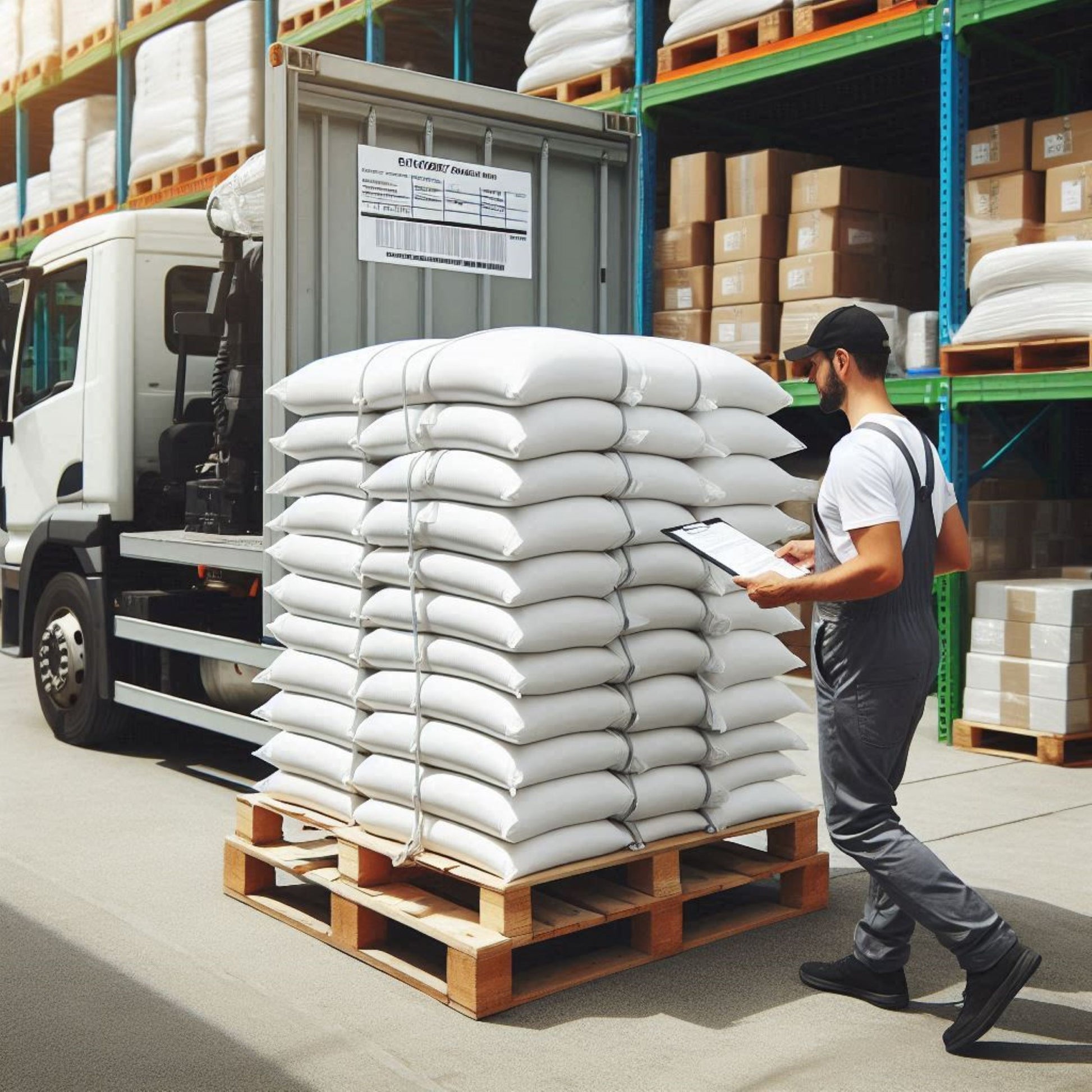 <Bearded warehouse operator wearing grey overalls and bump cap checking a delivery note for a pallet of white sacks of powdered raw material in front of racking with cardboard boxes. Credit> Freepik