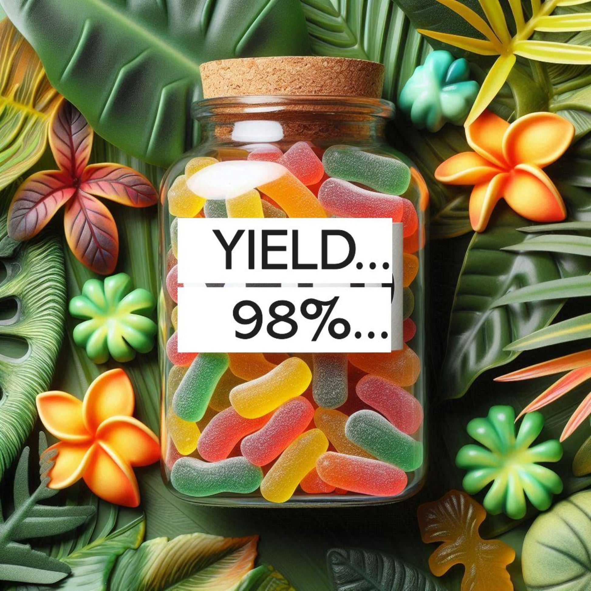 <Square glass jar with cork lid, full of red, green, yellow and orange frosted gummies, lying on a bed of tropical leaves and labelled with Yield, a requirement of a batch production record, and 98% as the result. Credit> Freepik