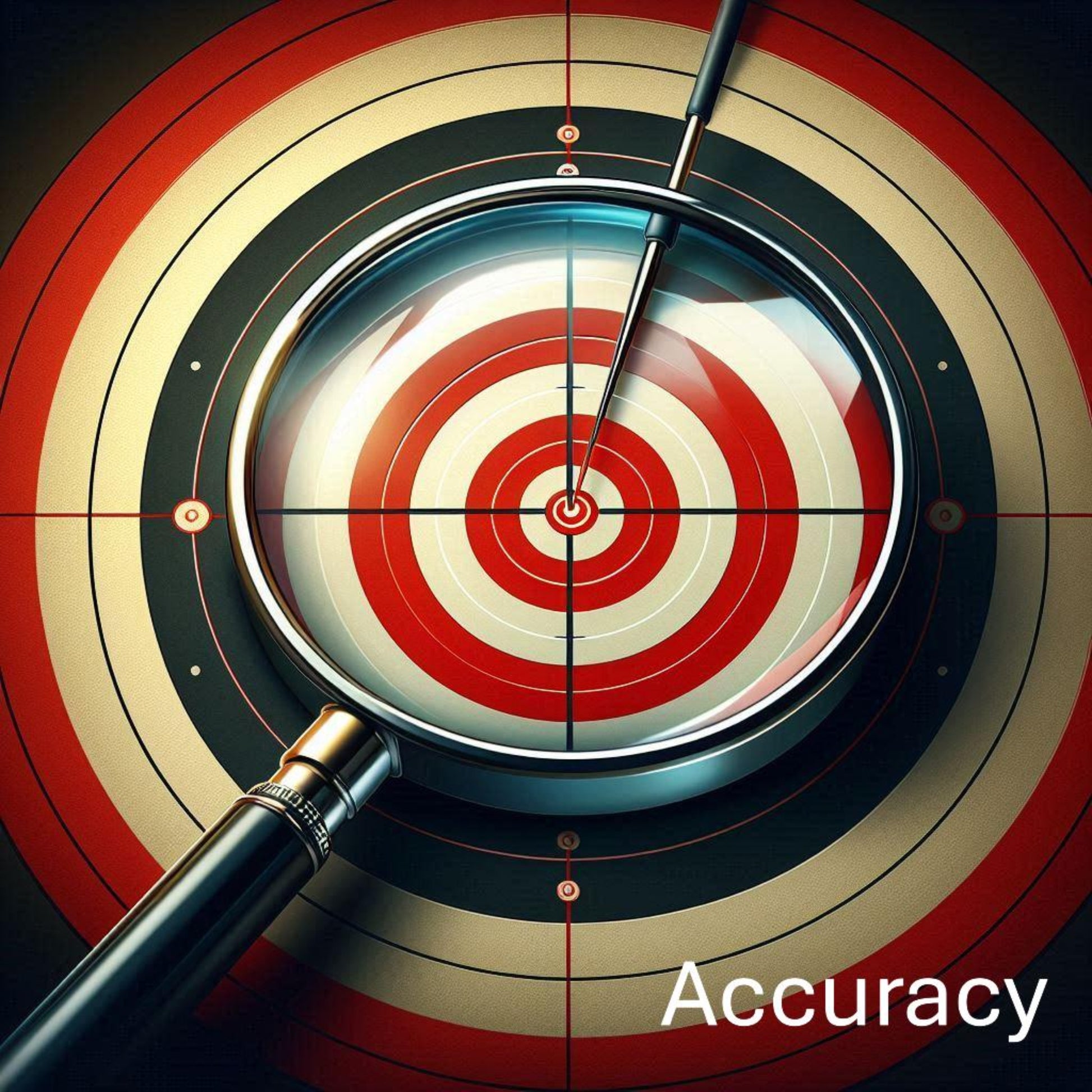 <Representing Accuracy, a magnifying glass over a circular archery target to check the arrow is absolutely dead central bullseye. Credit> Freepik