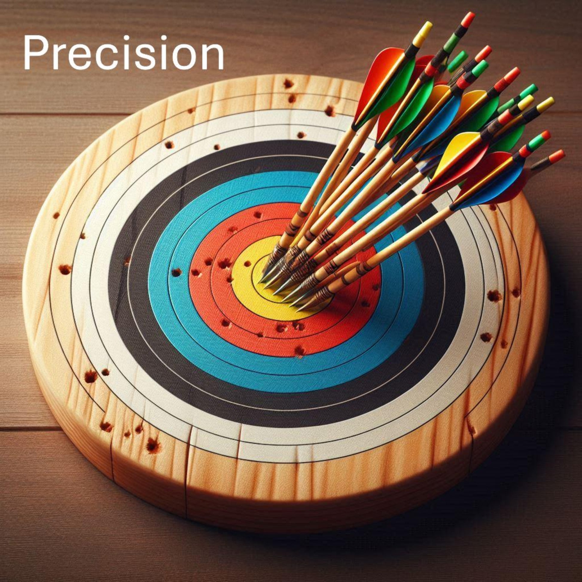 <Archery target on round wooden board with over 10 arrows red, blue, yellow, and green in the middle centre ring, representing Precision. Credit> Freepik