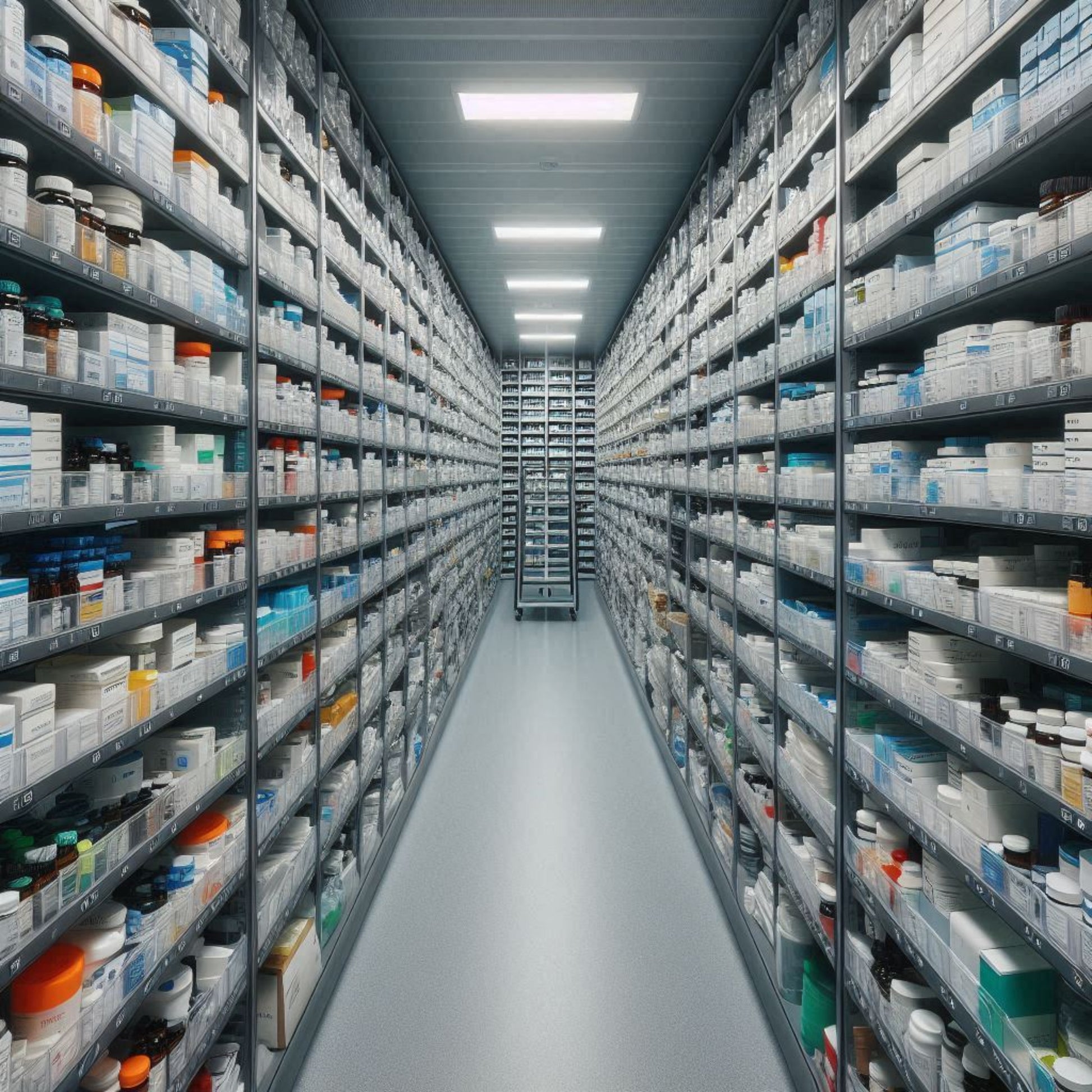 <Large walk in temperature and humidity controlled stability room 12 rows by 12 columns full of various neatly arranged dietary supplements. Credit> Freepik