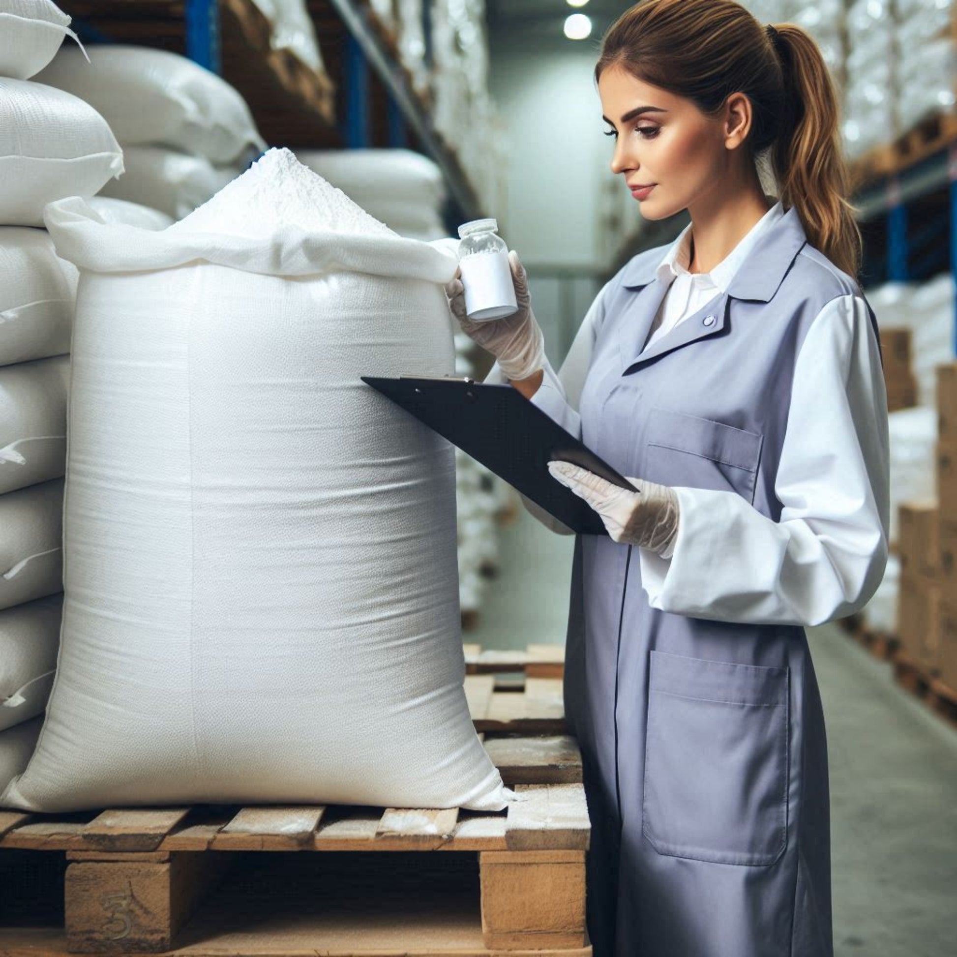 <Female sampler wearing a light purple overall taking a jar of white powder from a white sack on a wooden pallet. Credit> Freepik