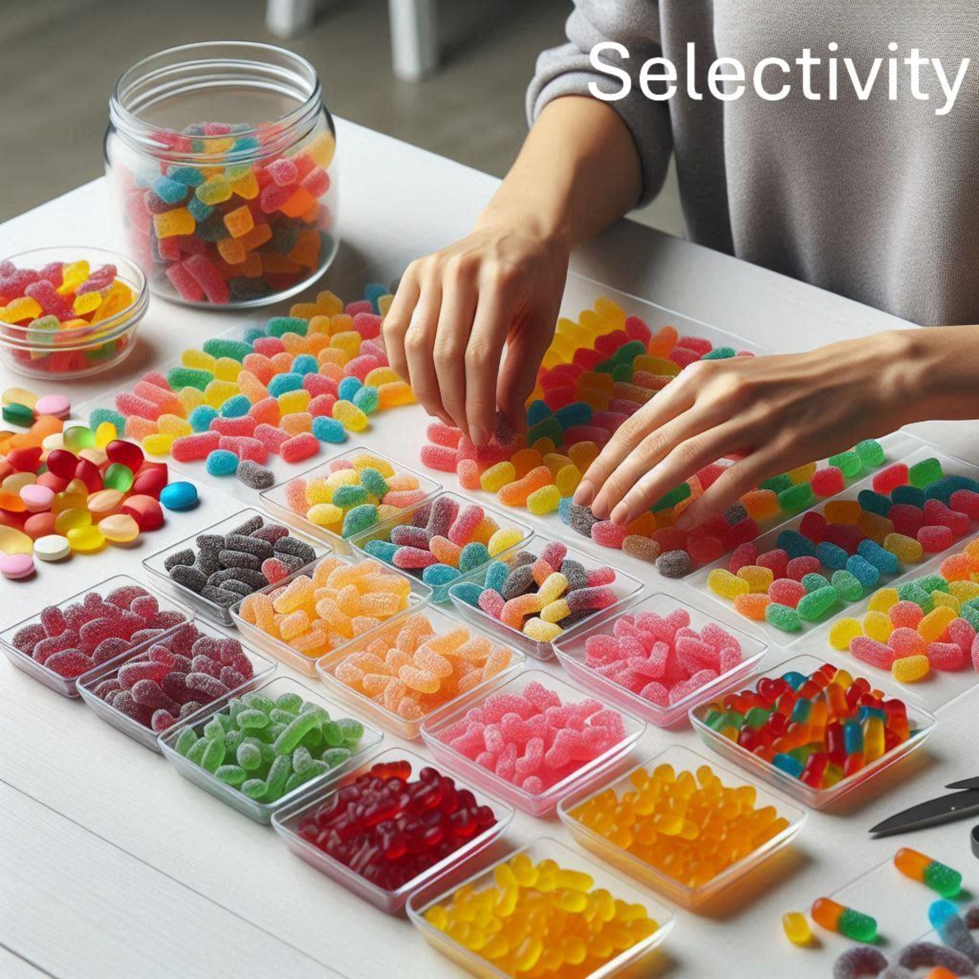 <Female hands sorting a big round jar of confectionery into 25 square clear plastic dishes arranged ina square by colour, size and shape, representing Selectivity. Credit> Freepik