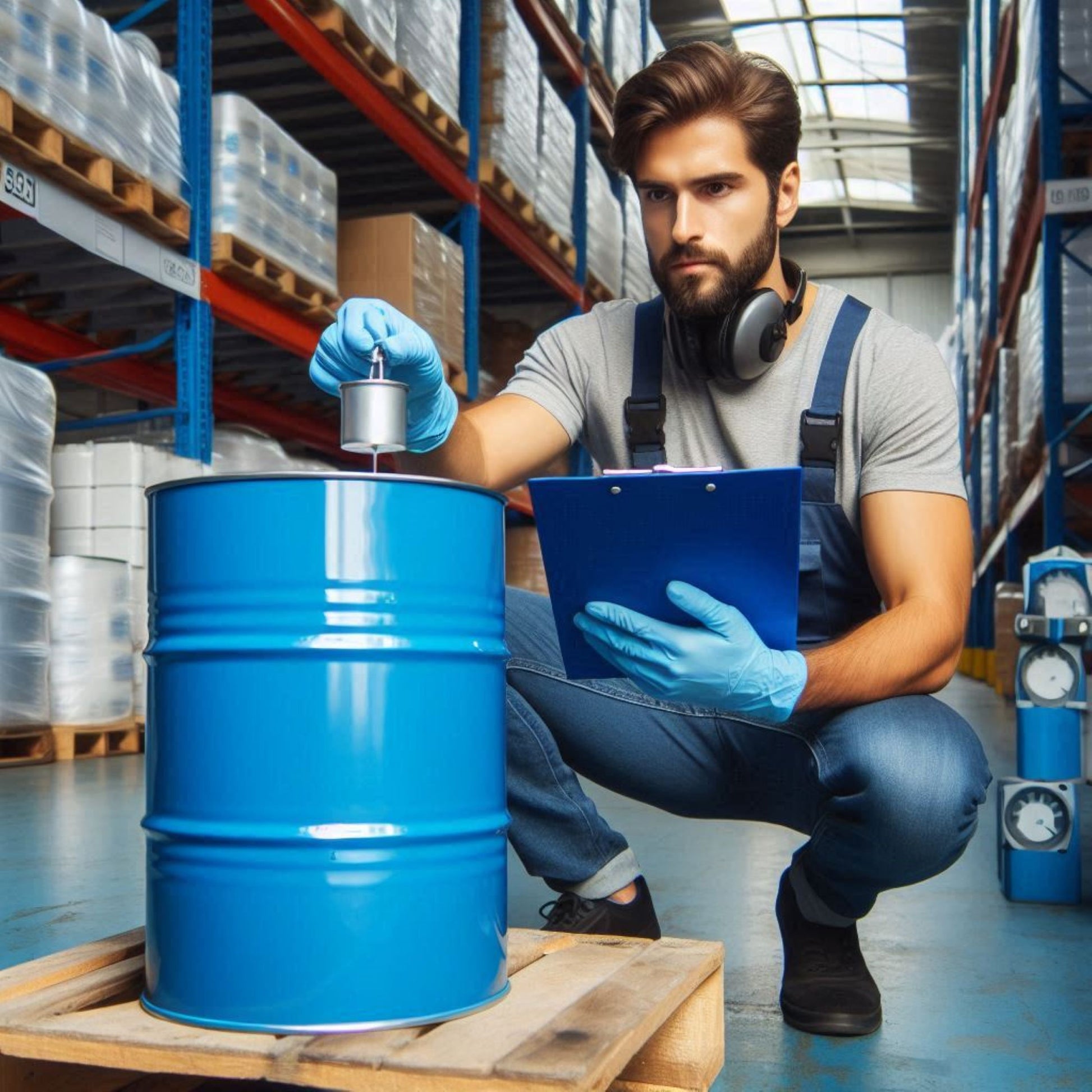 <Cartoon drawing of bearded warehouse operator, wearing blue gloves, holding a clipboard and taking a liquid sample from a blue drum on a small wooden pallet. Credit> Freepik