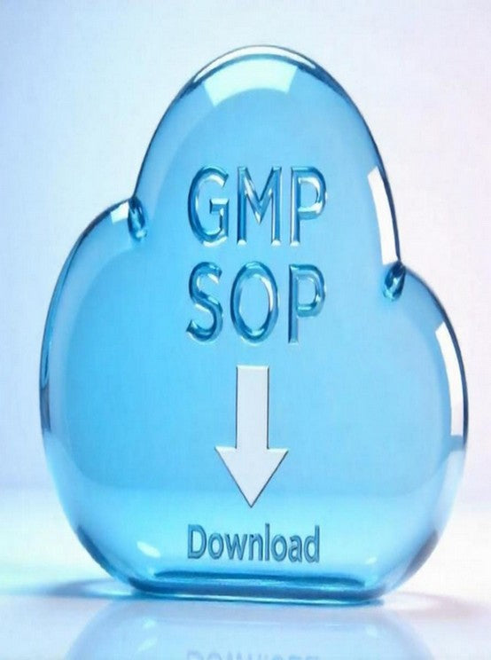 <Clear, light blue glass cloud engraved with GMP SOP Download and a white downward arrow, sitting on a white surface. Credit> Freepik