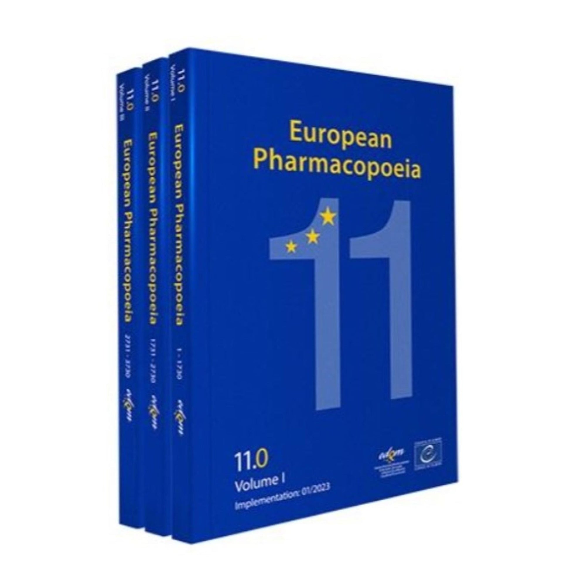 <The EP European Pharmacopeia version 11.0 in hardback, three navy blue books with 11 written in large light blue, and three gold stars within the first 1. Credit> www.edqm.eu/en/european-pharmacopoeia