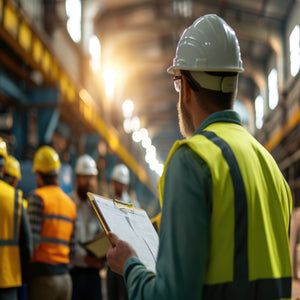 <Male auditors with yellow fluorescent jacket, white hardhat and clipboard inspecting a warehouse for non conformances with team representatives. Credit> 326294087 © BiancoBlue | Dreamstime.com