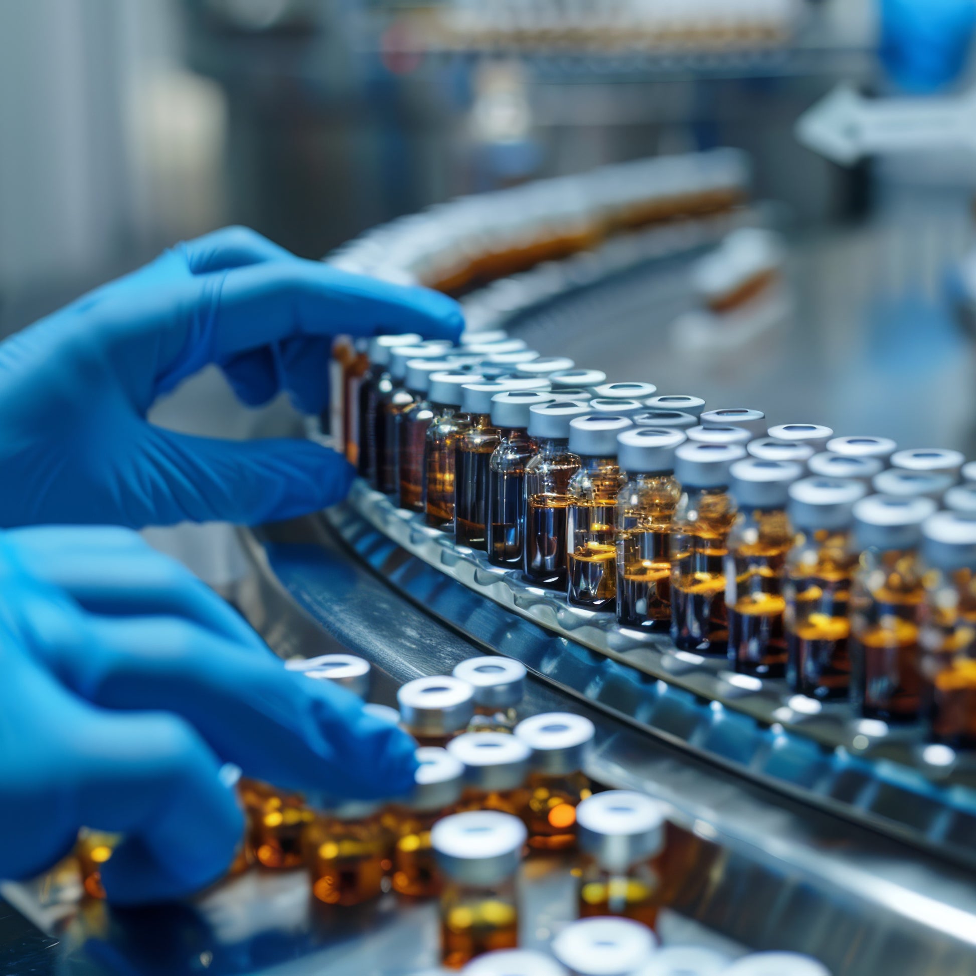 <Hands of a production operator wearing blue gloves taking intermittent samples of vaccines in glass vials with silver metal lids from three rows on a conveyor belt. Credit> 330891189 © AminaDesign | Dreamstime.com