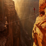 <Male tightrope walker in red top taking a great risk crossing a rope between two sandstone cliffs of a river canyon with a huge drop below with the sun shining on one side. Credit> 343576142 © Irina Ukrainets | Dreamstime.com