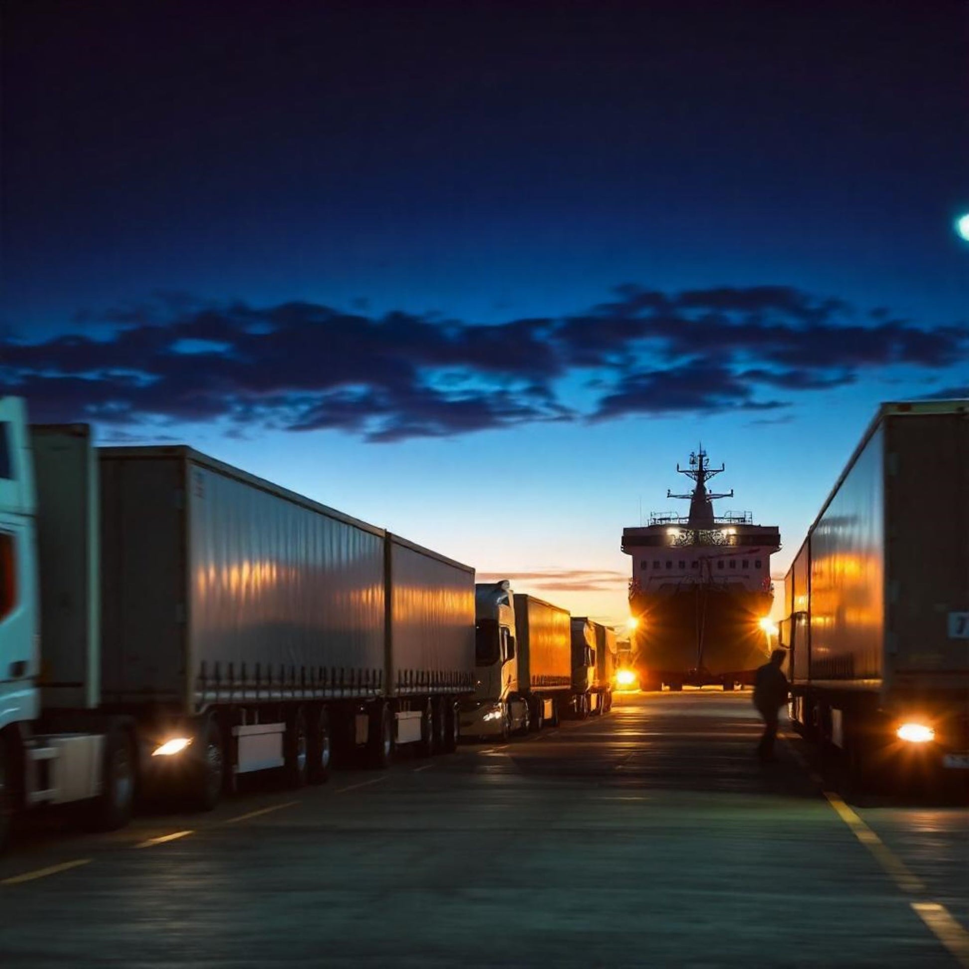 <Lorries in a queue at a port at sunrise waiting to board a ferry  to continue their distribution of drug products. Credit> Freepik