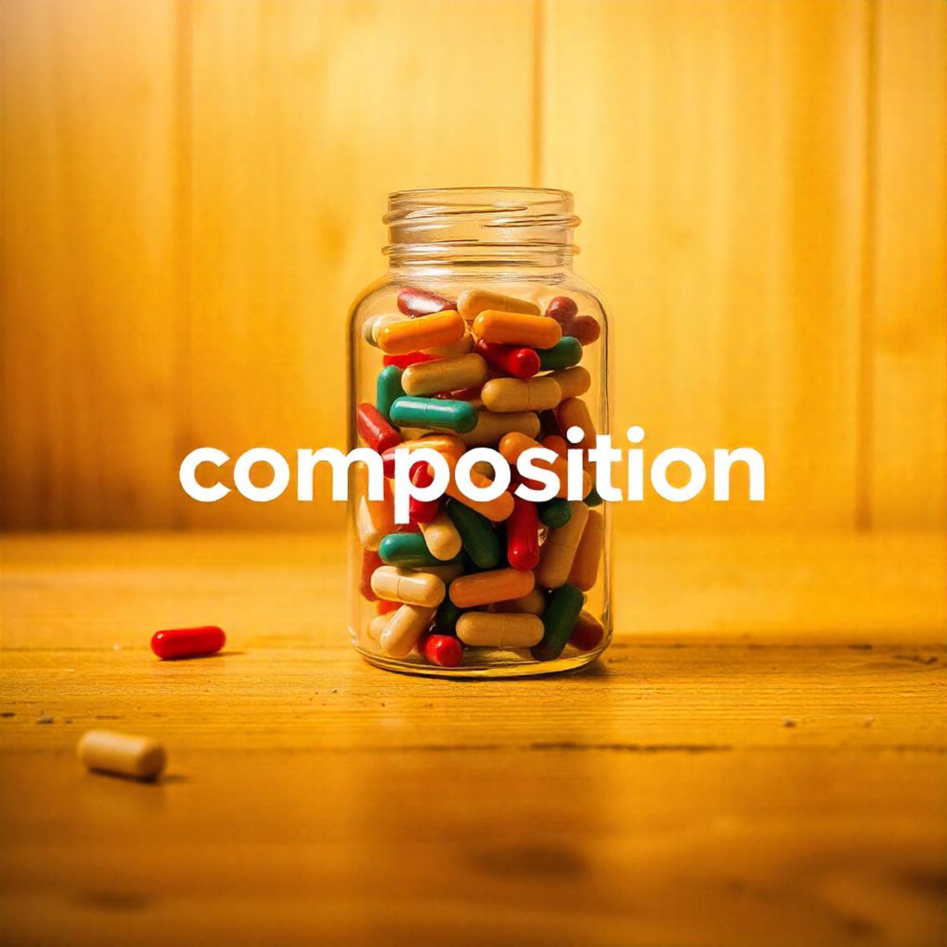 <Clear glass jar of capsules sitting on a woodent table with word composition in front of it, one of the requirements of a batch production record for dietary supplements. Credit> Freepik