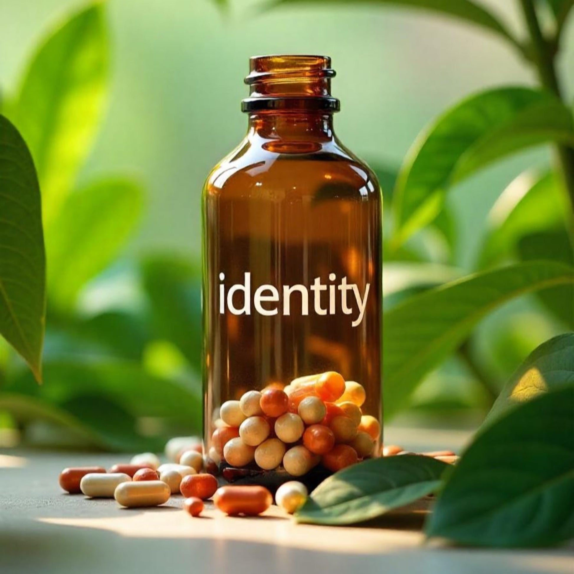 <Shiny, brown, amber glass bottle on a white table, with the word identity written in white, a third full of white, gold and orange dietary supplement capsules, surrounded by tropical green leaves. Credit> Freepik