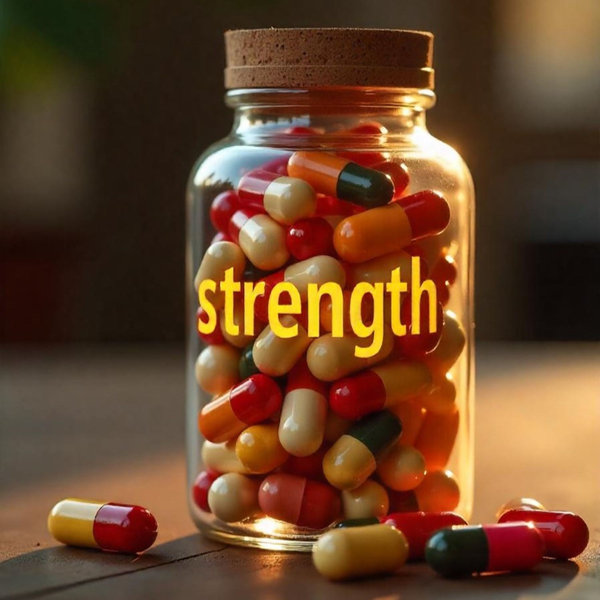 <Red and yellow capsules in a clear glass jar labelled strength, a dietary specification test requirement. Credit> Freepik