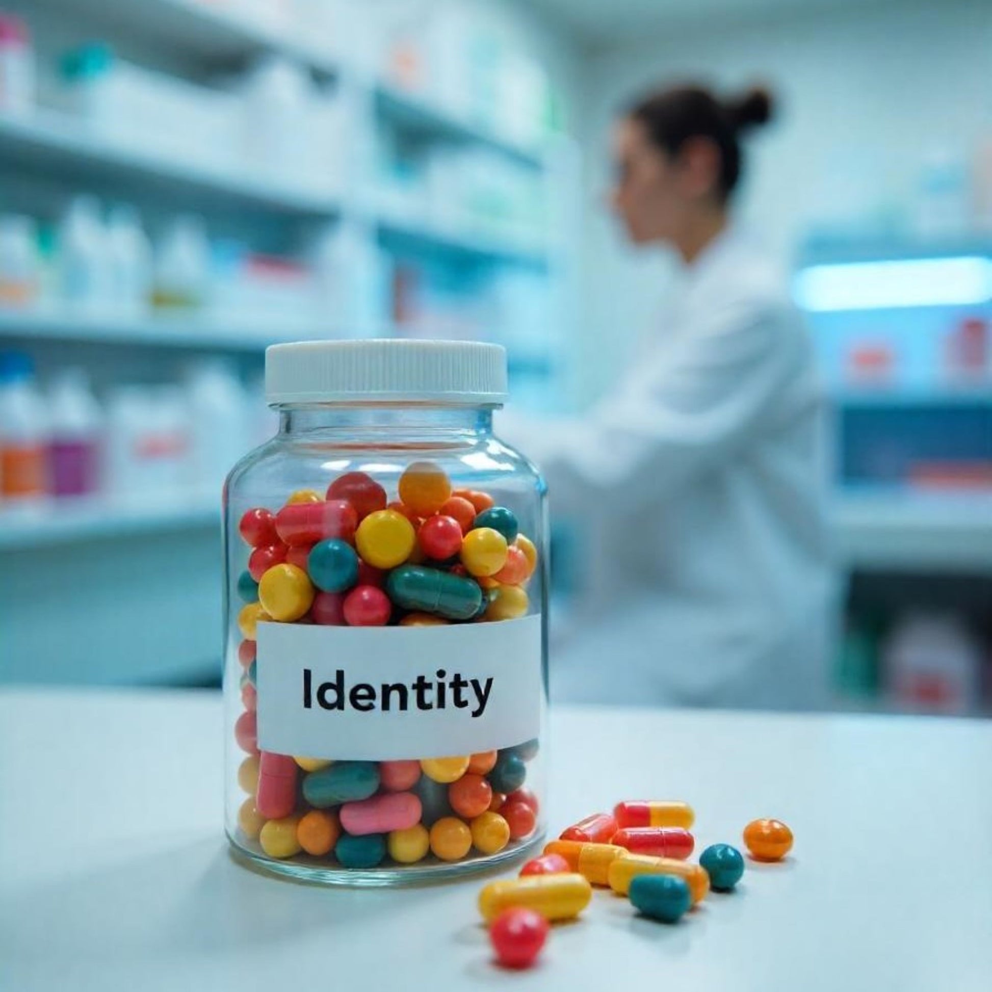 <Jar of various coloured capsules labelled Identity, one of the production record requirements, sitting on a white desk with blurred background of a pharmacy and female pharmacist. Credit> Freepik