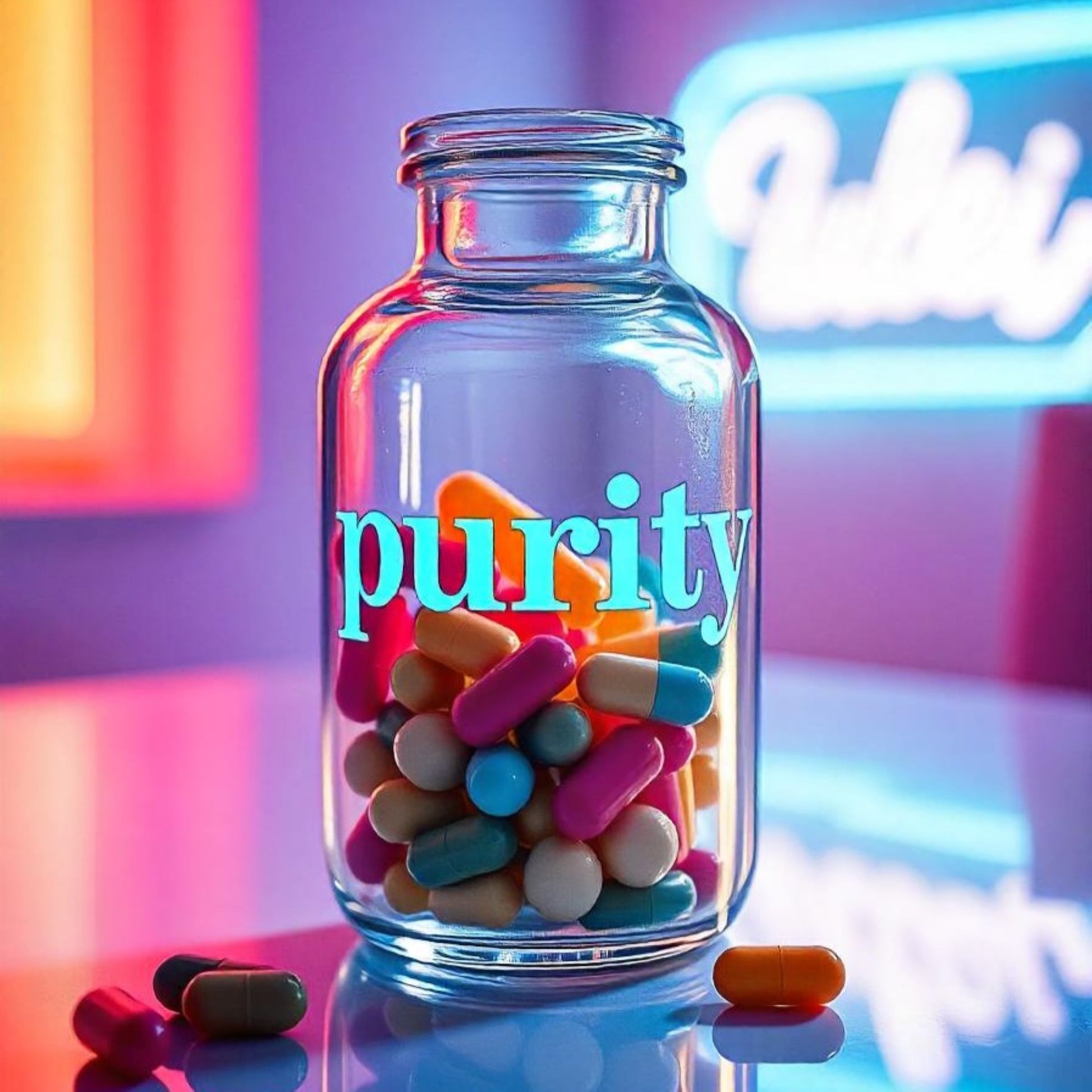 <Neon capsules in a clear glass jar in front of a neon sign and wall labelled with purity, a dietary specification test requirement. Credit> Freepik