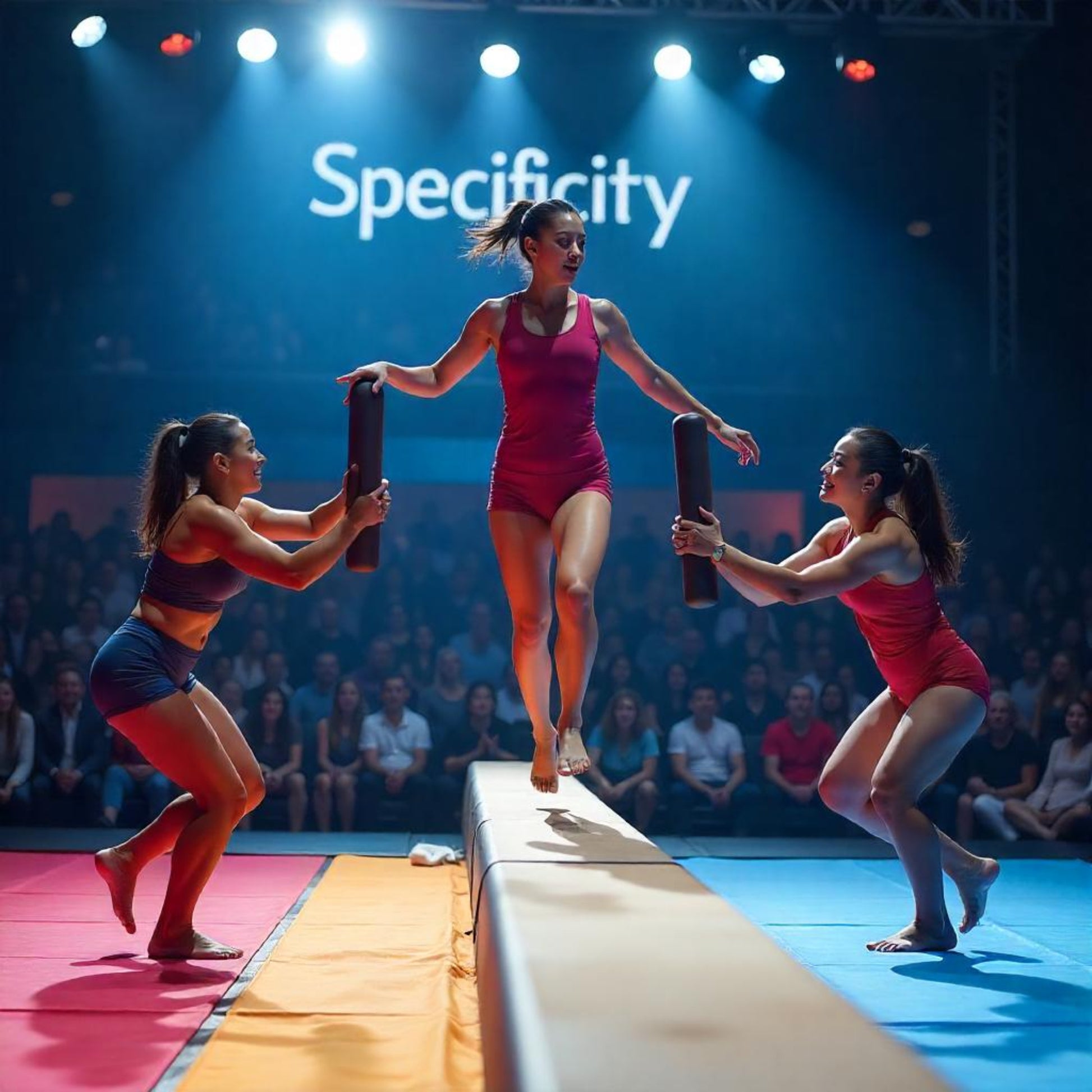 "Representing Specificity, female gymnast in pink running along a beam above a foam mat with two competing gymnasts trying to knock her off with foam sticks, watched by a studio audience. Credit> Freepik