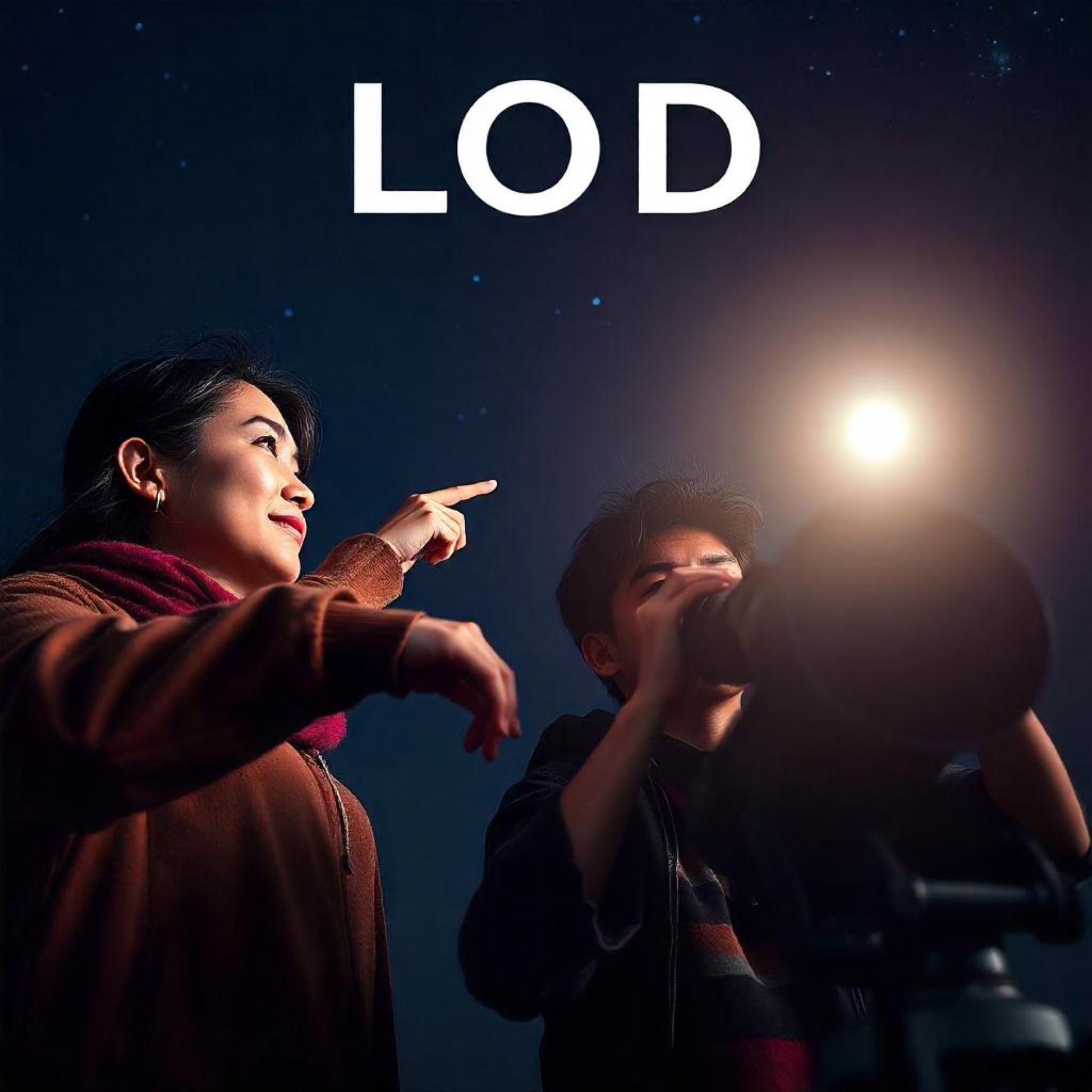 <Representing Limit of Detection or LOD, a couple at night time, wearing jumpers and scarves, looking at faraway stars through a telescope with the moon shining brightly behind them. Credit> Freepik